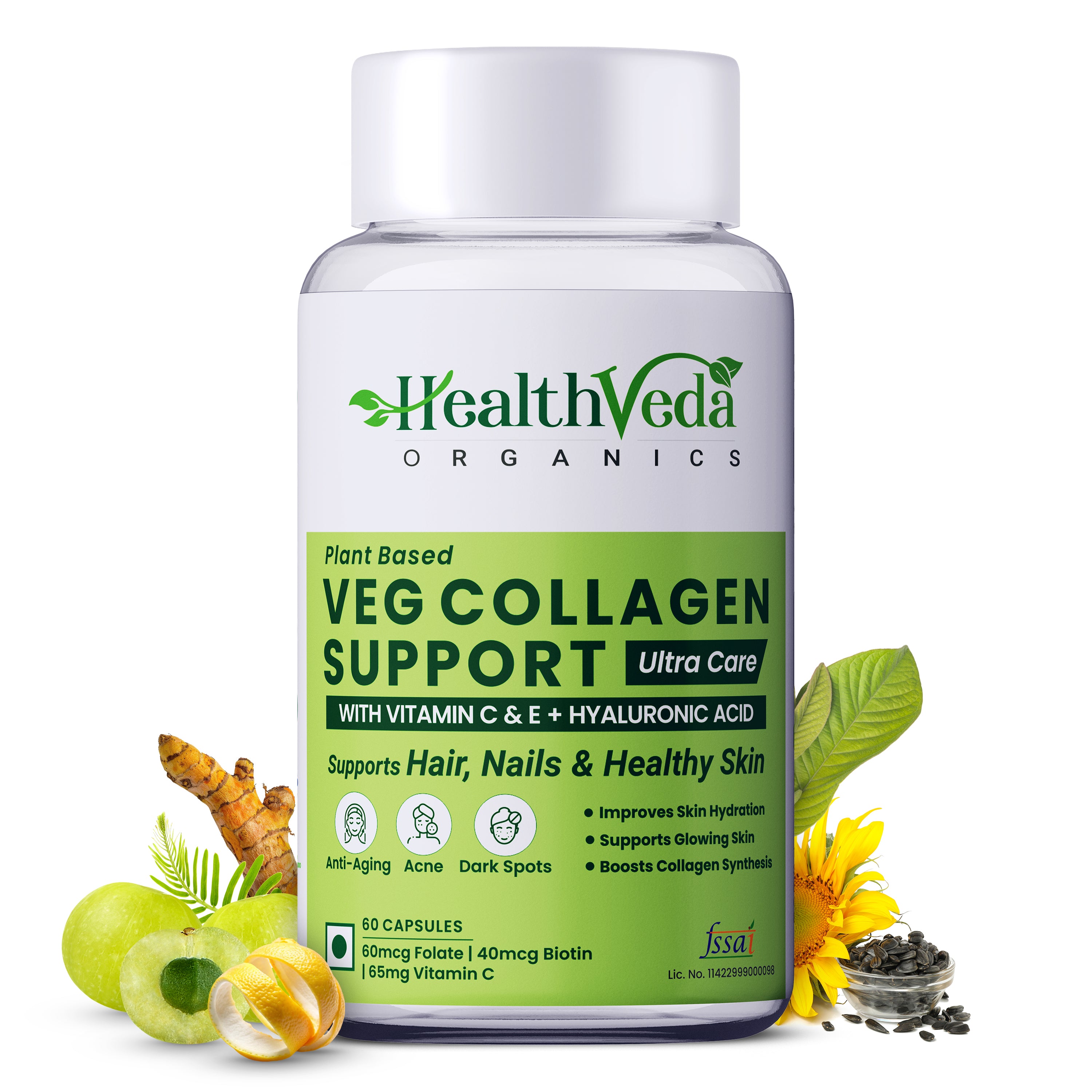 Health Veda Organics Veg Collagen Support | 60 Veg Capsules | Plant-Based Formula with Vitamin C & Biotin | Skin, Hair & Nails Support