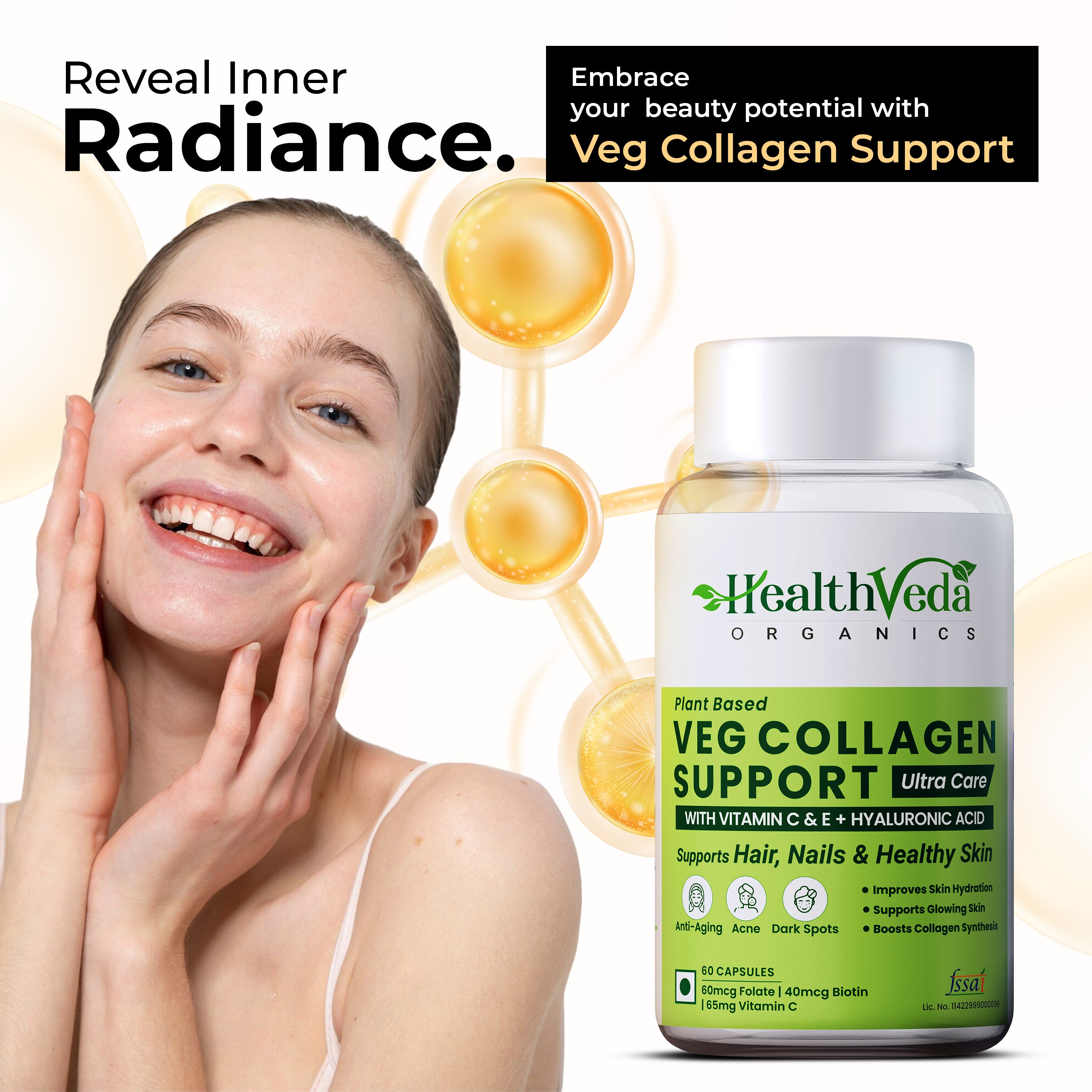 Health Veda Organics Veg Collagen Support | 60 Veg Capsules | Plant-Based Formula with Vitamin C & Biotin | Skin, Hair & Nails Support