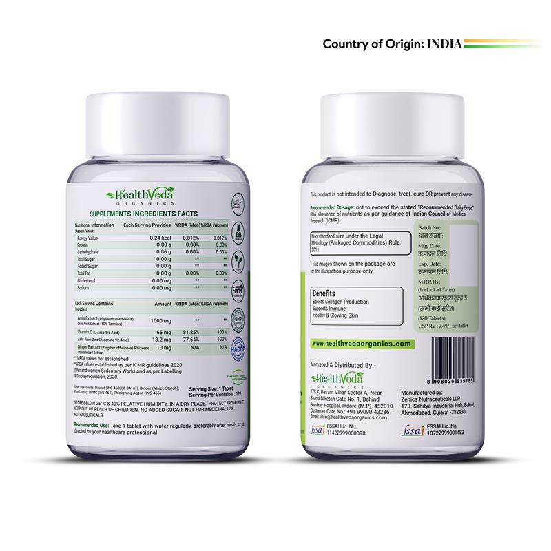 Health Veda Organics Natural Vitamin C & Zinc 1000 mg I 120 Veg Tablets I Boosts Immunity, Antioxidant & Skin Care | For both Men & Women
