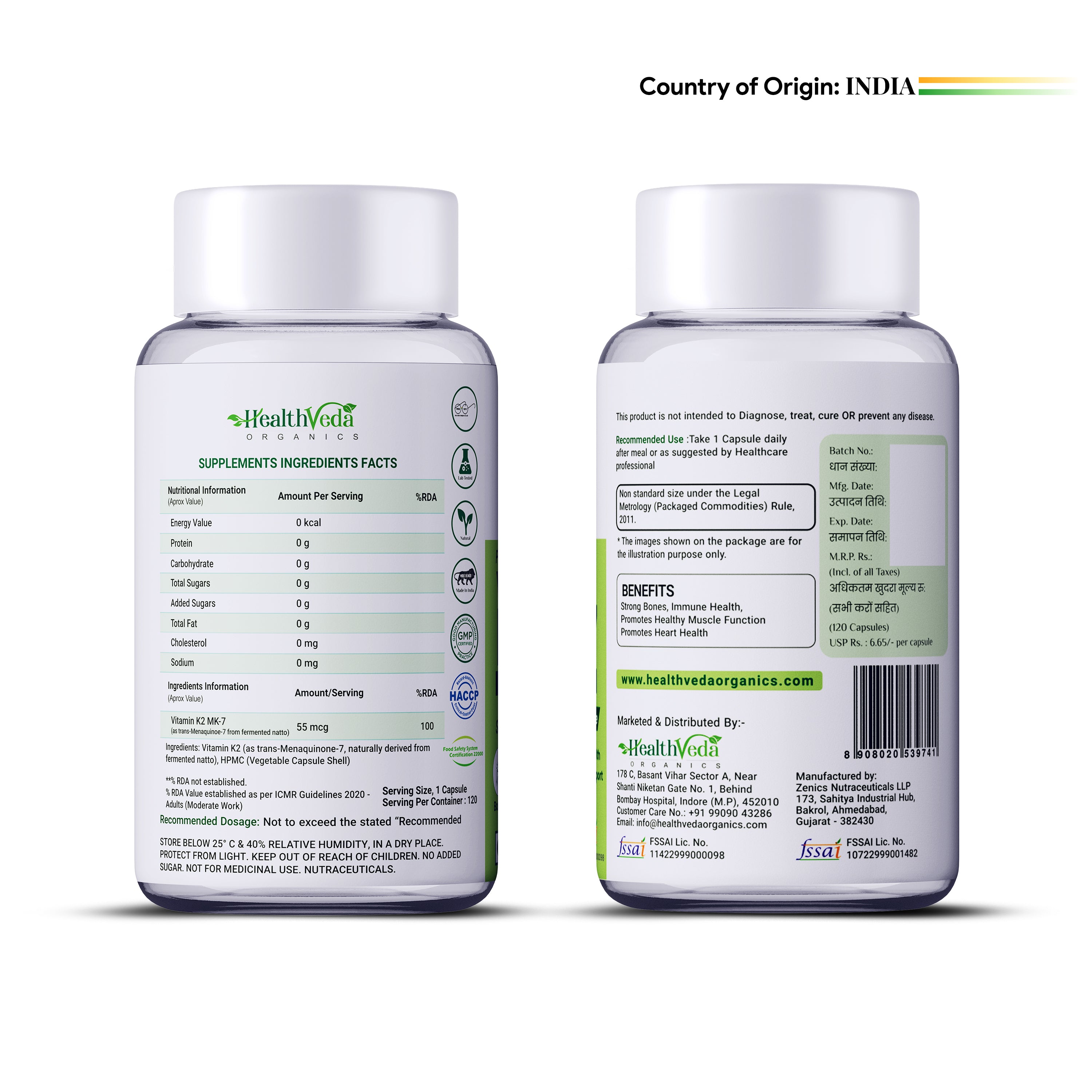 HEALTH VEDA ORGANICS PRIVATE LIMITED Vitamin K2 | 100% Vegetarian Vitamin K2 Benefits in Bone Health - 55mcg - 120 Vitamin K27 Capsules