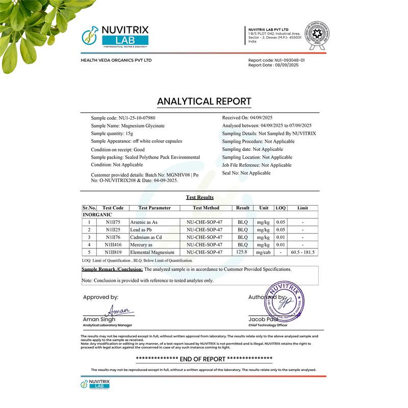 Health Veda Organics High Absorption Magnesium Glycinate, 550mg | 60 Veg Capsules | Supports Nerve & Muscle Health