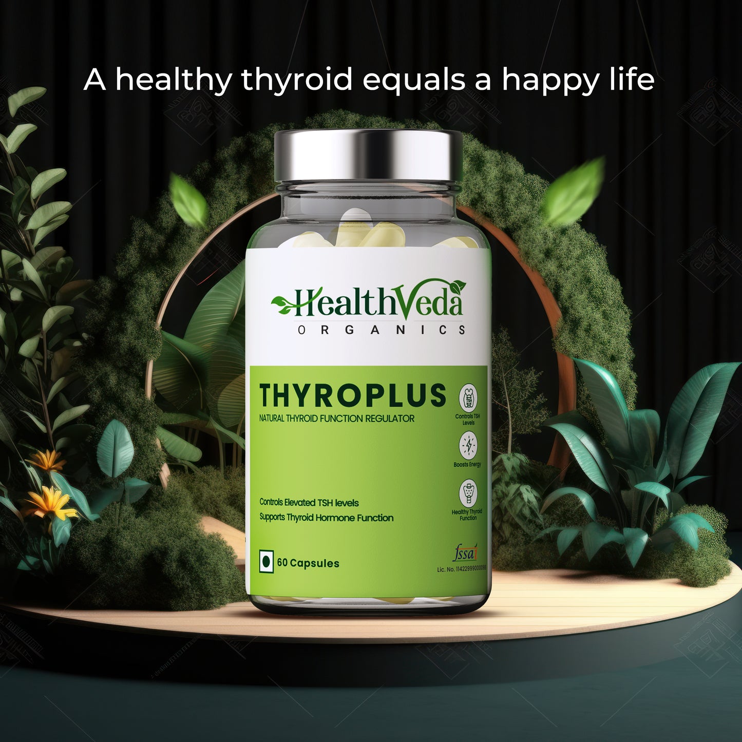 Health Veda Organics Thyroplus Supplements packed with Natural Ingredients for Thyroid Support - 60 Veg Capsules for Men & Women