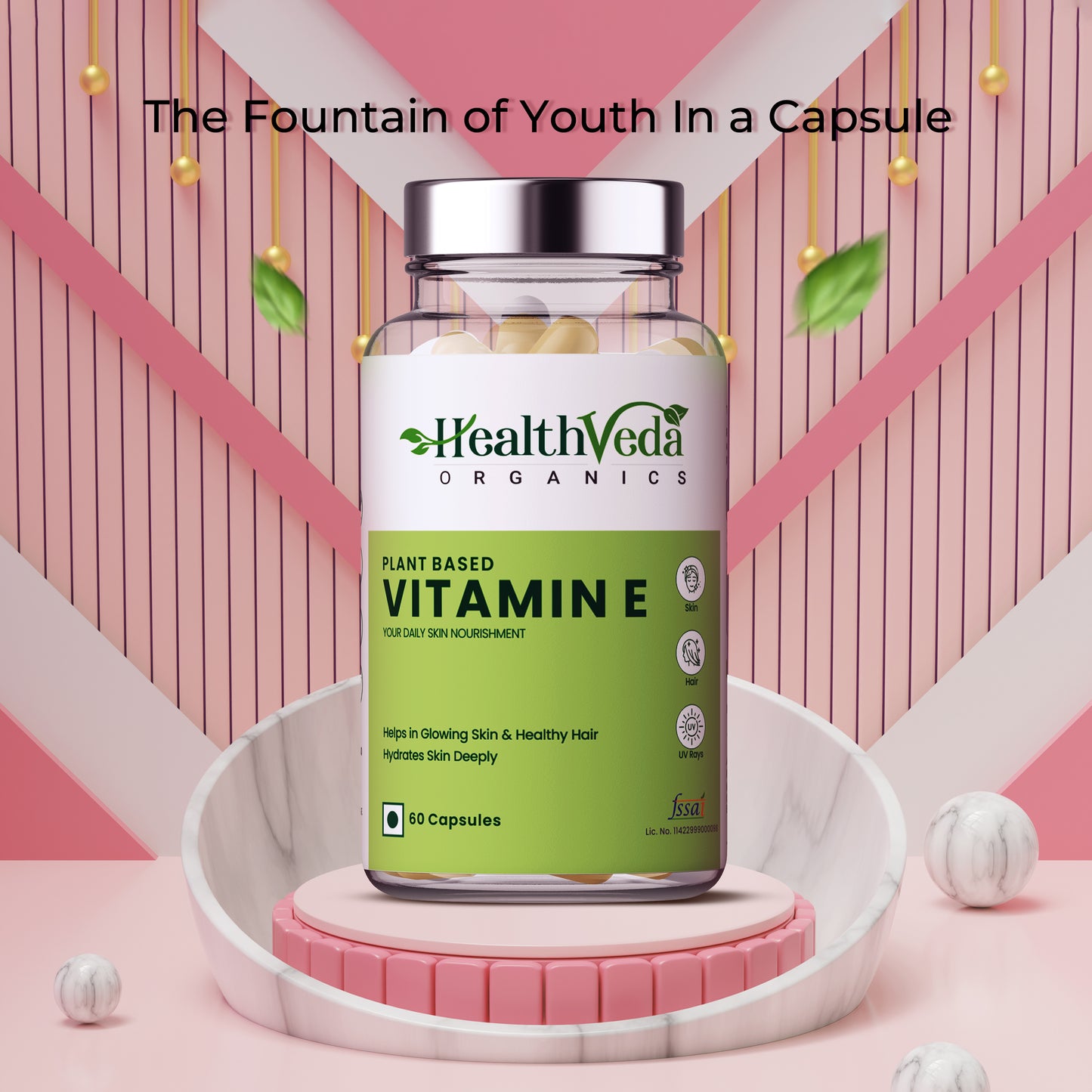 Health Veda Organics Vitamin E Capsules with Argan & Aloe Vera Oil | 60 Veg Capsules | Supports Healthy Hair & Beautiful Skin