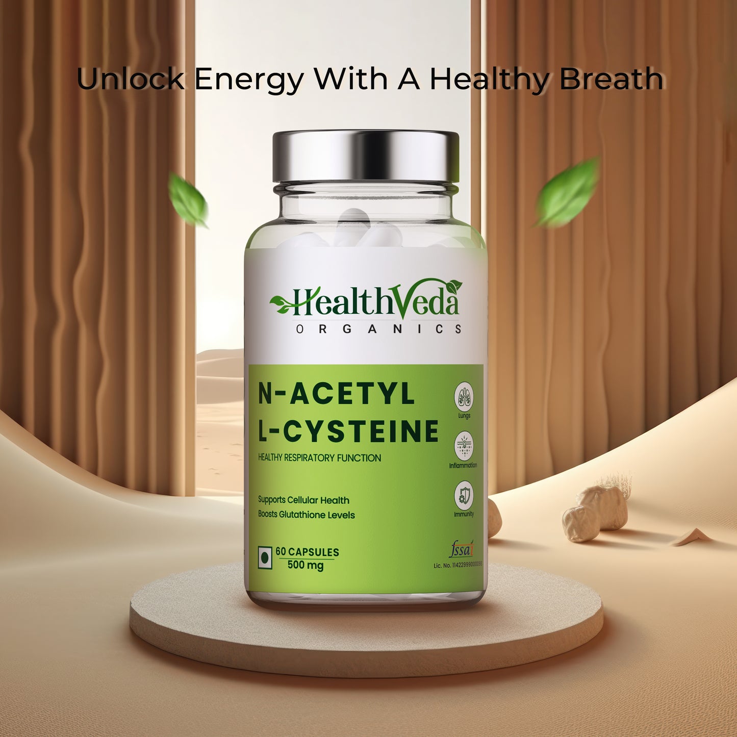 Health Veda Organics N - Acetyl L - Cysteine 500mg | 60 Veg Capsules | Lungs & Respiratory Support| Immune Health |For both Men & Women