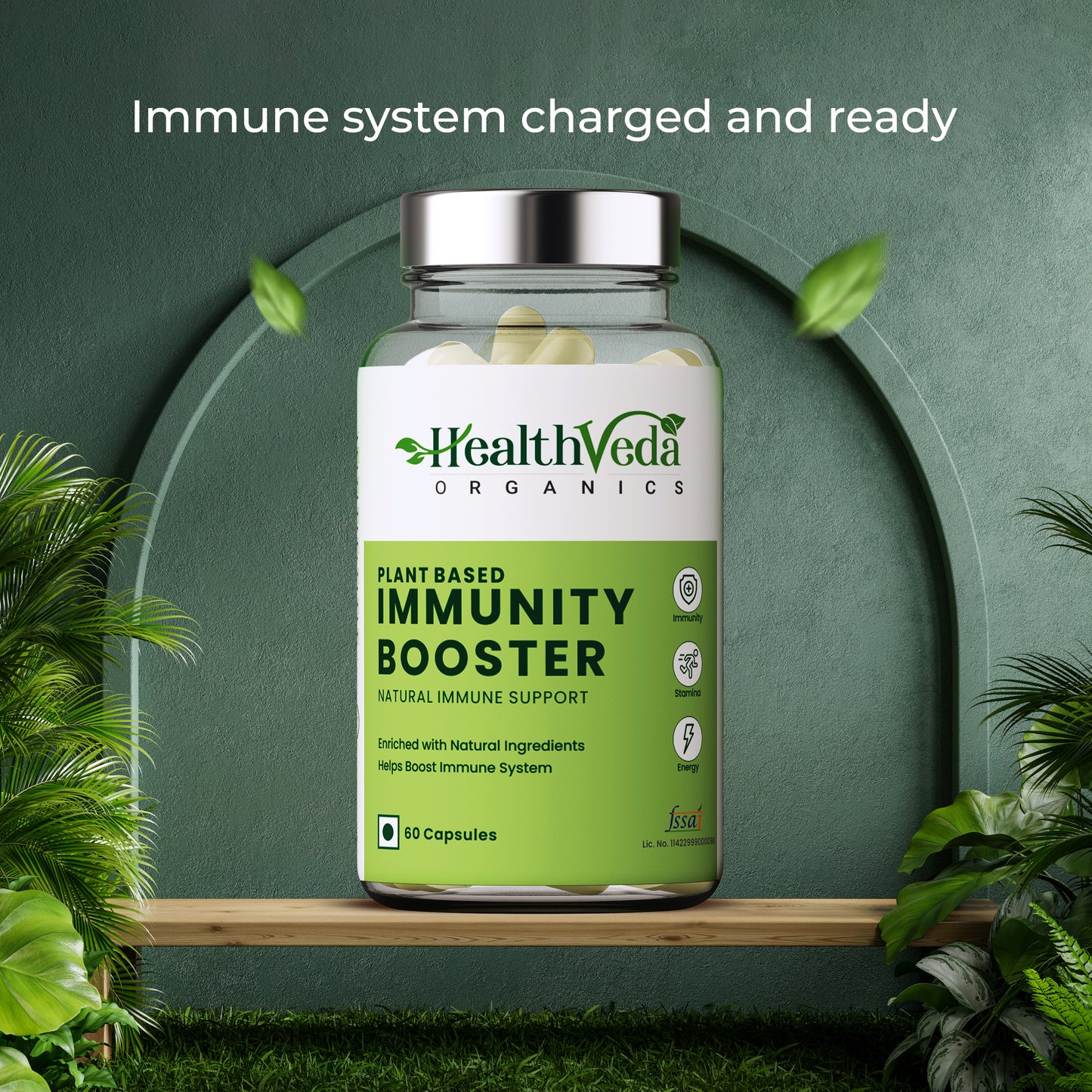 Health Veda Organics Natural Immunity Booster Capsules with Green Amla Powder, Giloy Powder, Mint leaves Powder - 60 Veg Capsules