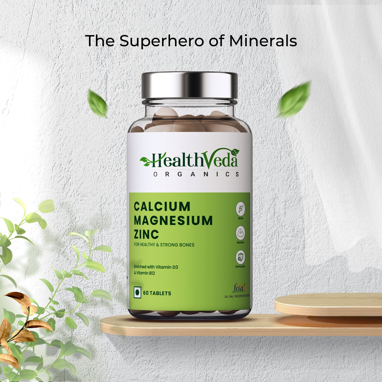 Health Veda Organics Calcium Magnesium Zinc Tablets 1000mg For Healthy Bone - 60 Veg Tablet