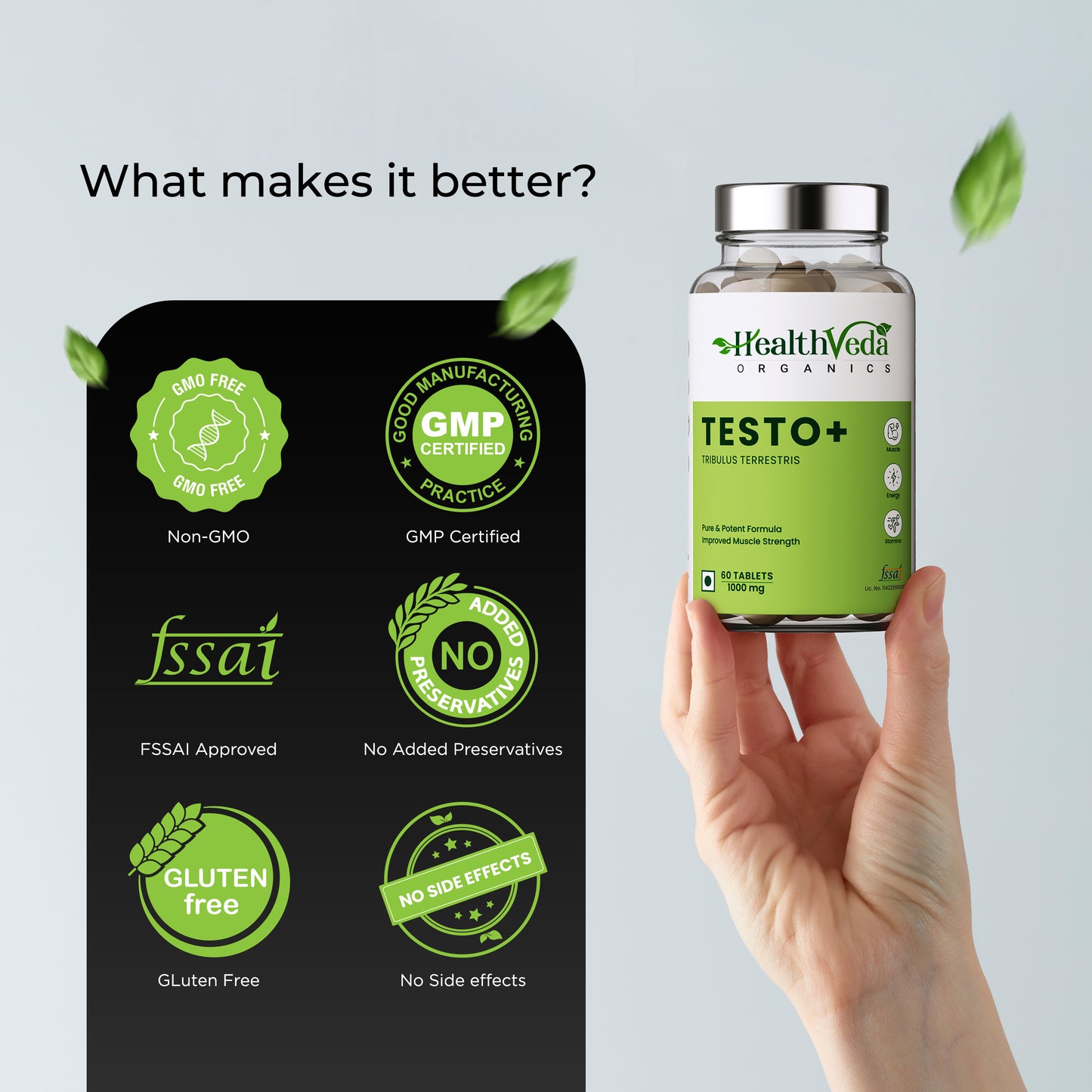 Health Veda Organics Plant Based Testo+ with Tribulus, Ashwagandha & Kaunch Beej | Improves Muscle Strength & Energy | 60 Veg Tablets for Men