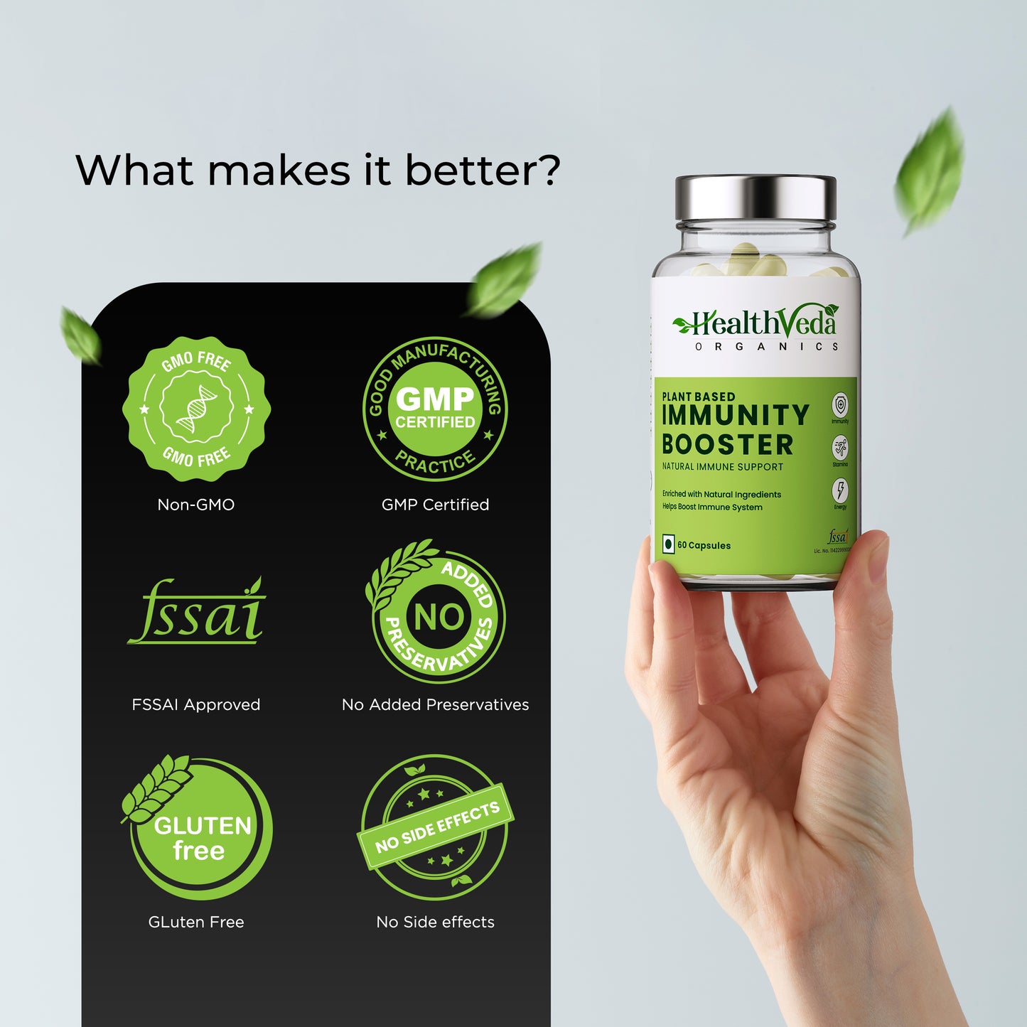 Health Veda Organics Natural Immunity Booster Capsules with Green Amla Powder, Giloy Powder, Mint leaves Powder - 60 Veg Capsules