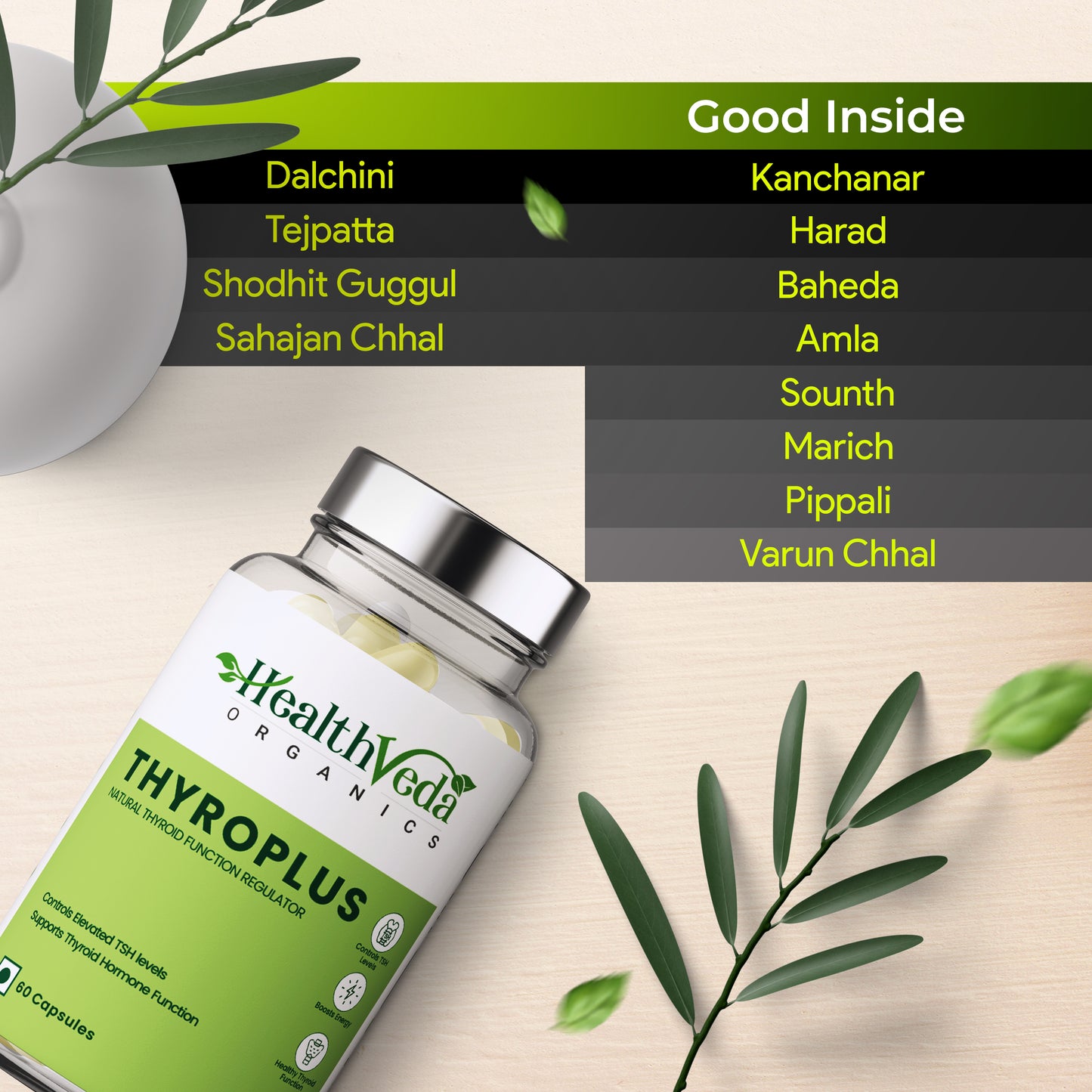 Health Veda Organics Thyroplus Supplements packed with Natural Ingredients for Thyroid Support - 60 Veg Capsules for Men & Women