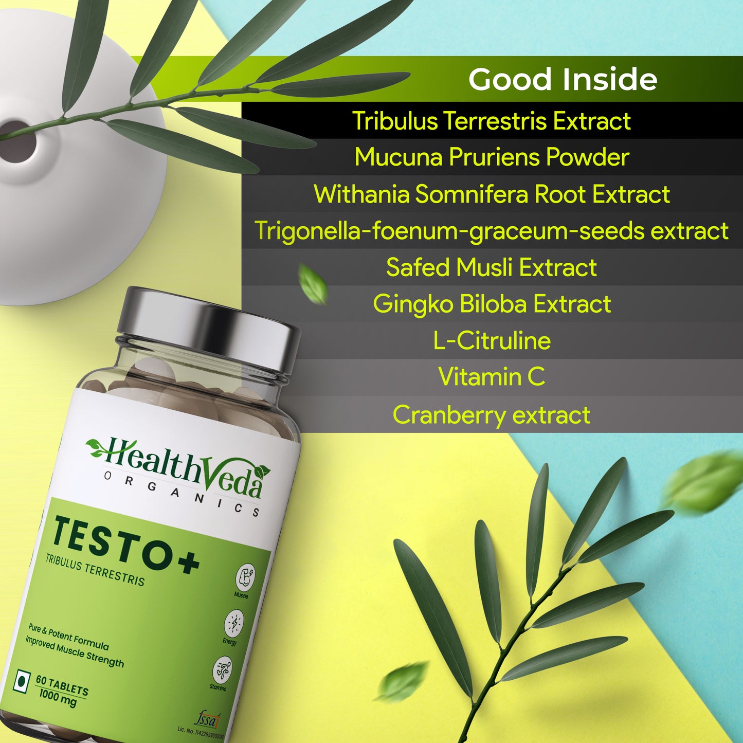 Health Veda Organics Plant Based Testo+ with Tribulus, Ashwagandha & Kaunch Beej | Improves Muscle Strength & Energy | 60 Veg Tablets for Men