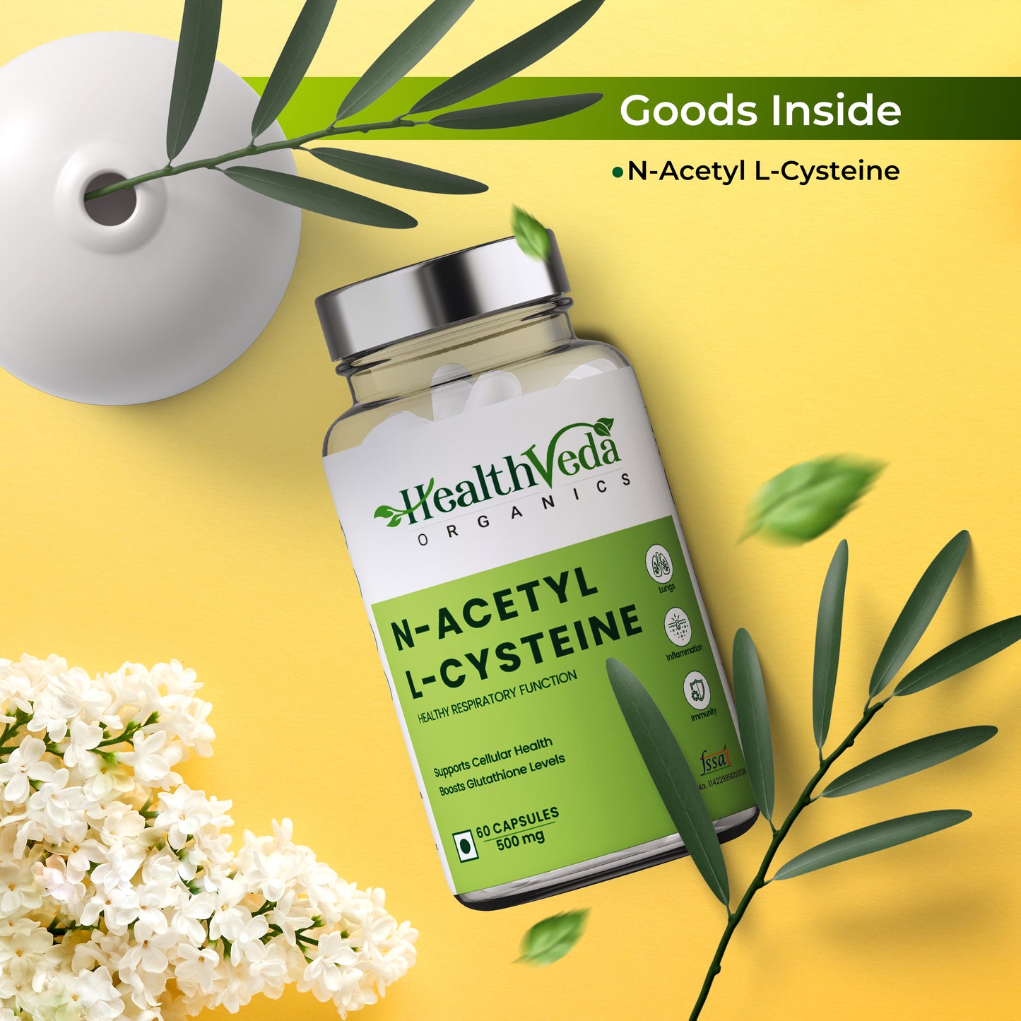 Health Veda Organics N - Acetyl L - Cysteine 500mg | 60 Veg Capsules | Lungs & Respiratory Support| Immune Health |For both Men & Women