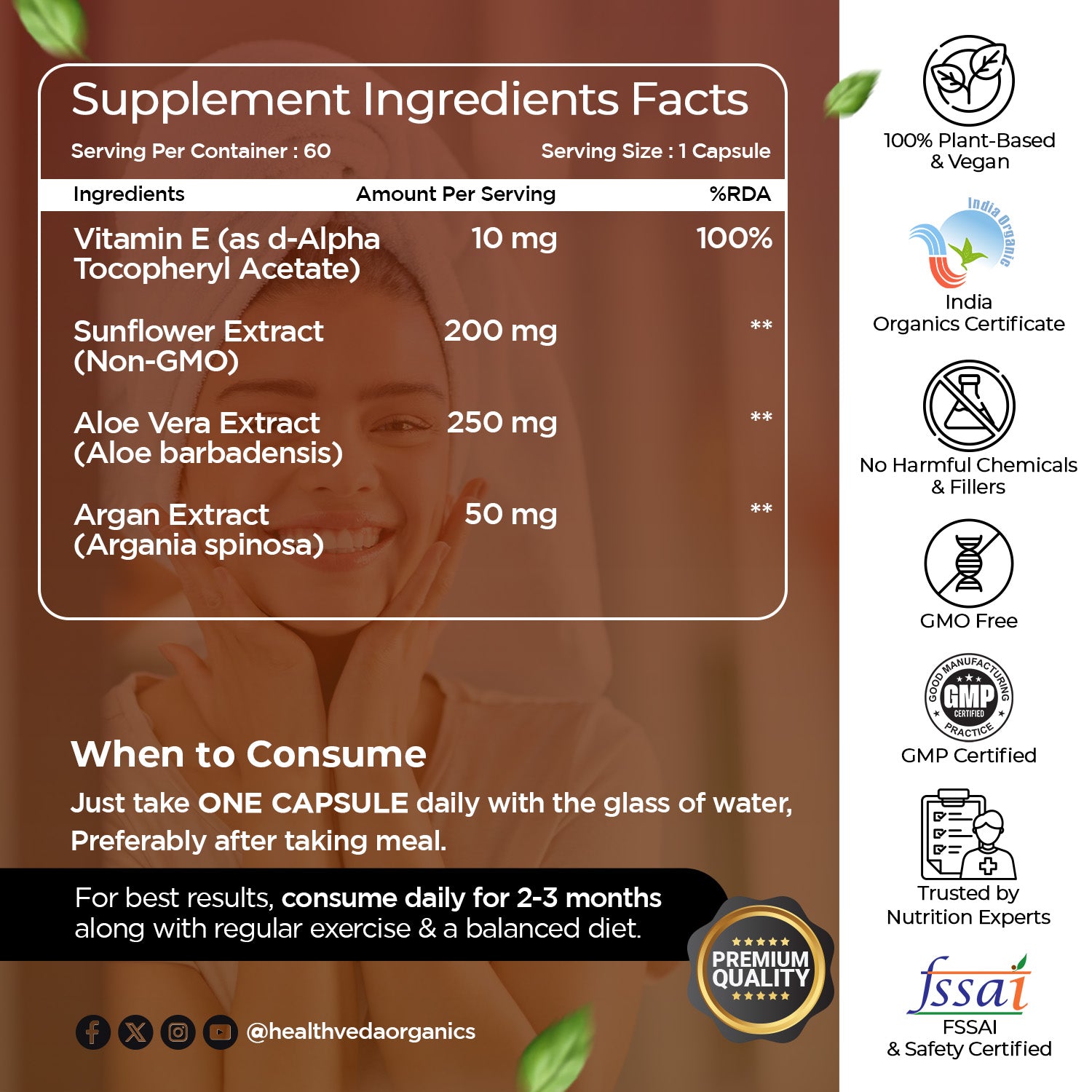 Health Veda Organics Vitamin E Capsules with Argan & Aloe Vera Oil | 60 Veg Capsules | Supports Healthy Hair & Beautiful Skin