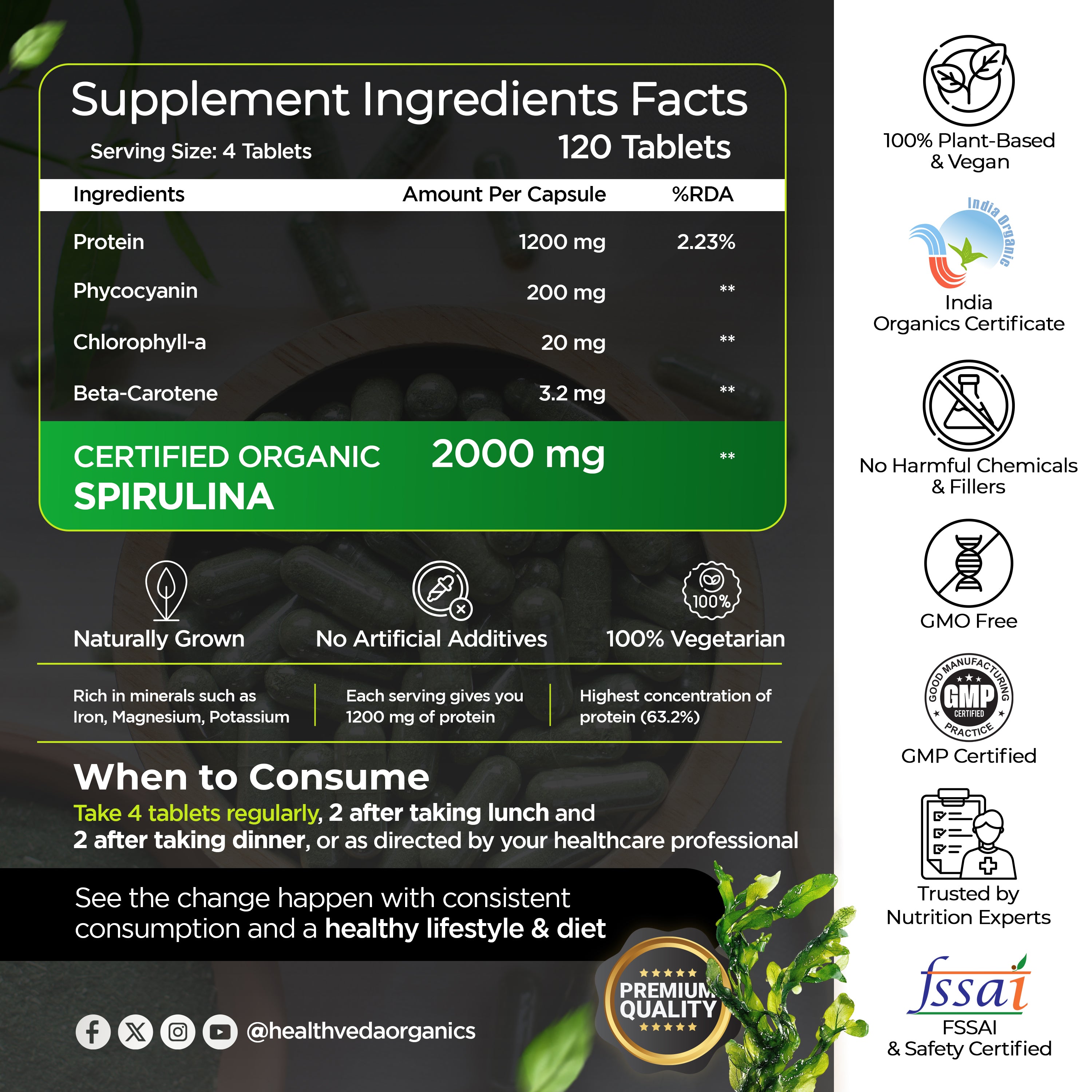 Health Veda Organics 100% Organic Spirulina Powder Tablets 2000mg Per Serving | Natural Superfood for Daily Nutrition, Supports Energy, Immunity & Detox | Certified Spirulina Supplement - 180 Tablets