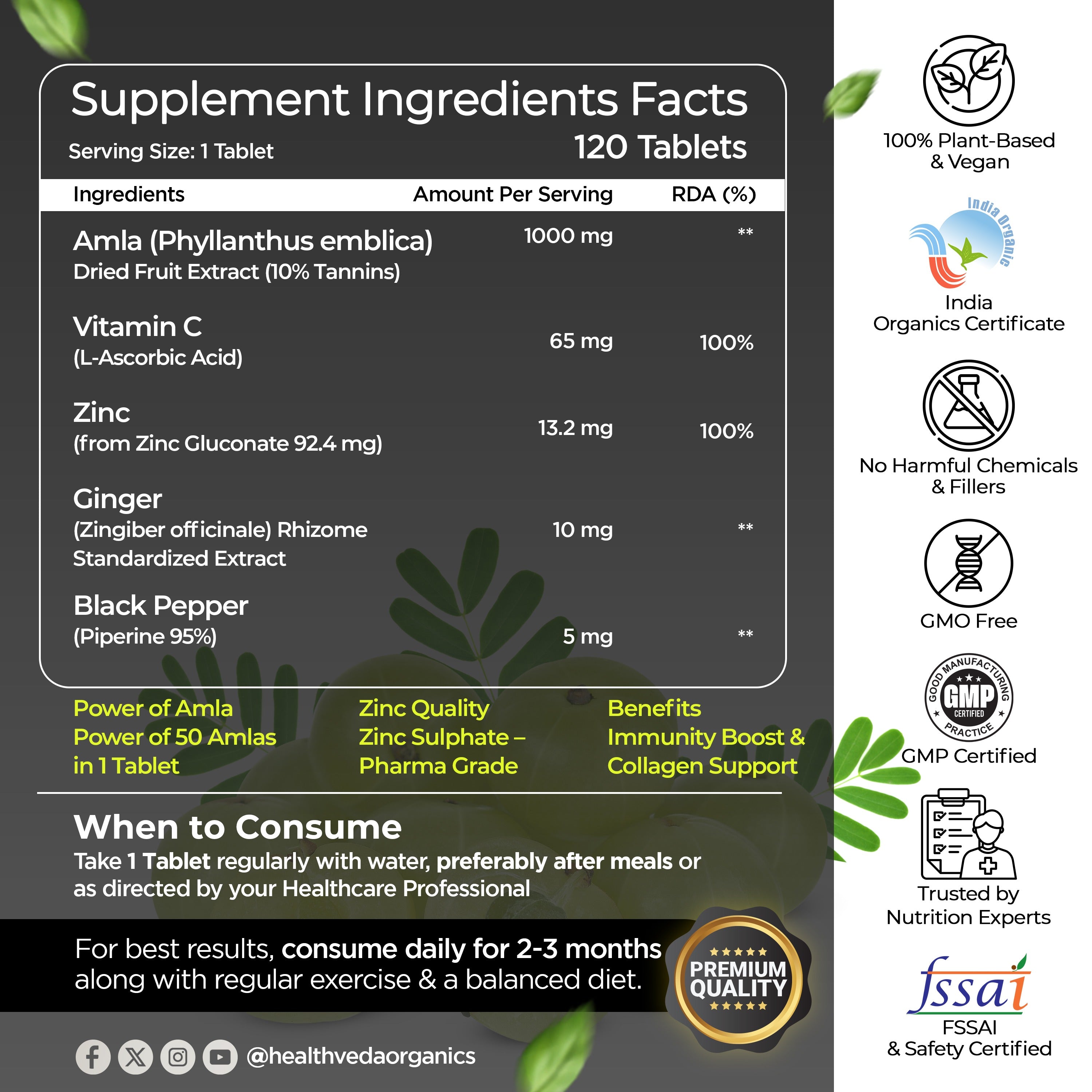 Health Veda Organics Natural Vitamin C Supplement 1000mg with Amla Extract, Zinc Bisglycinate, Ginger & Black Pepper | Immunity Booster, Antioxidant, Collagen & Skin Support | Vitamin C Tablets - 120 Tablets