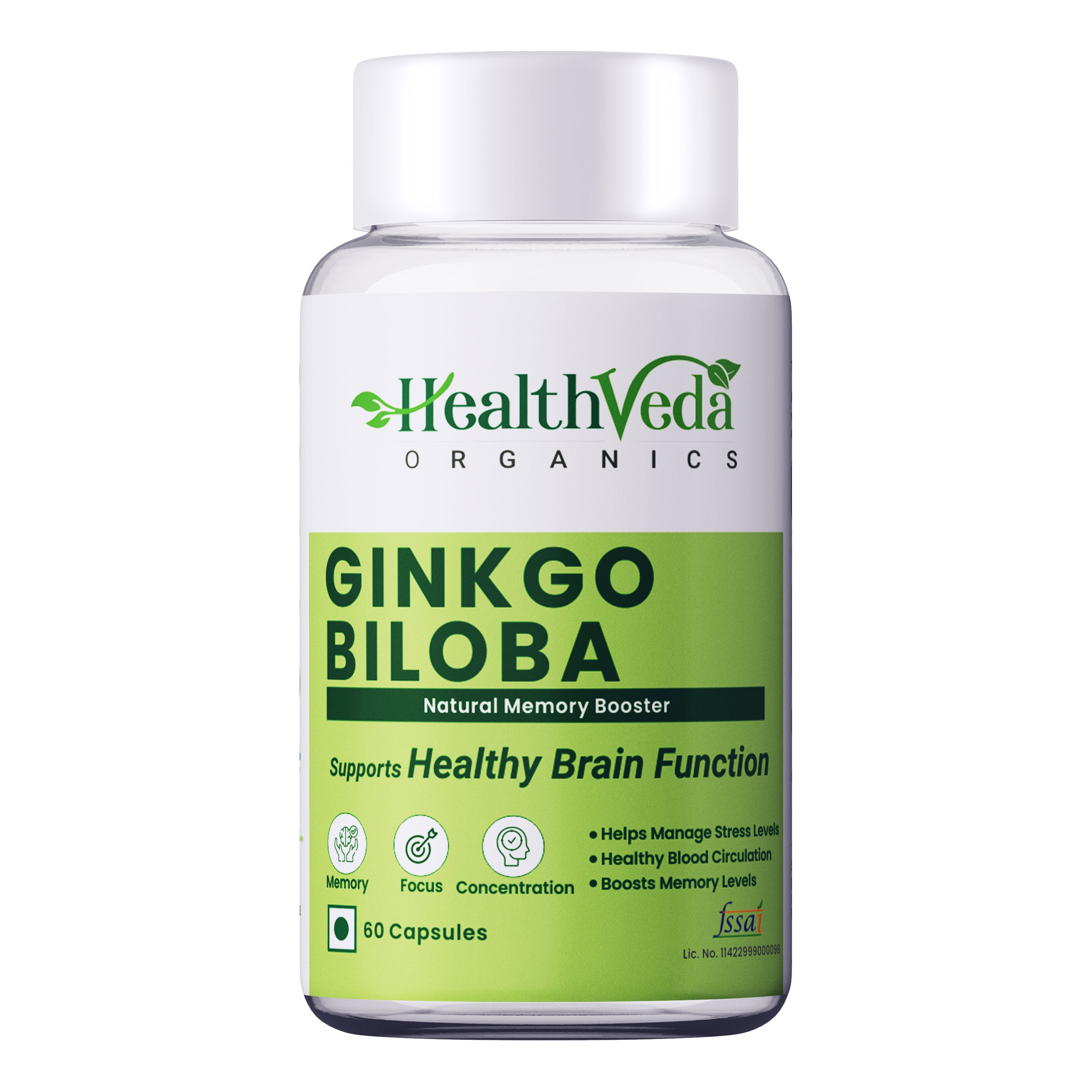 Health Veda Organics Ginkgo Biloba 120 mg Capsules I For Better Concentration, Memory & Learning - 60 Veg Capsules