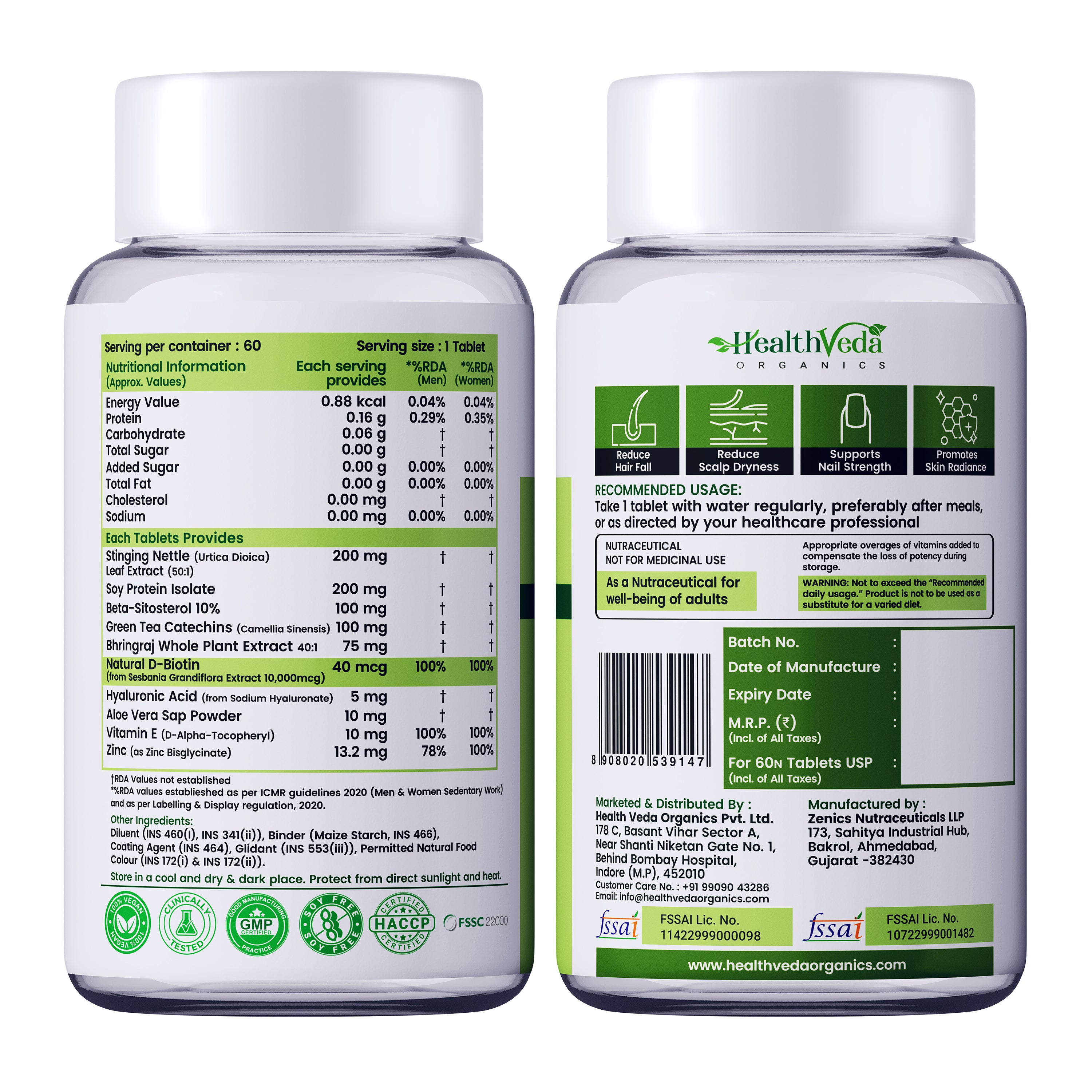 Health Veda Organics Biotin Tablets for Hair Growth | Biotin Supplement 10000mcg for Men & Women | Supports Hair, Skin & Nails | With Bhringraj, Stinging Nettle, Green Tea, Zinc & Vitamin E | 60 Tablets