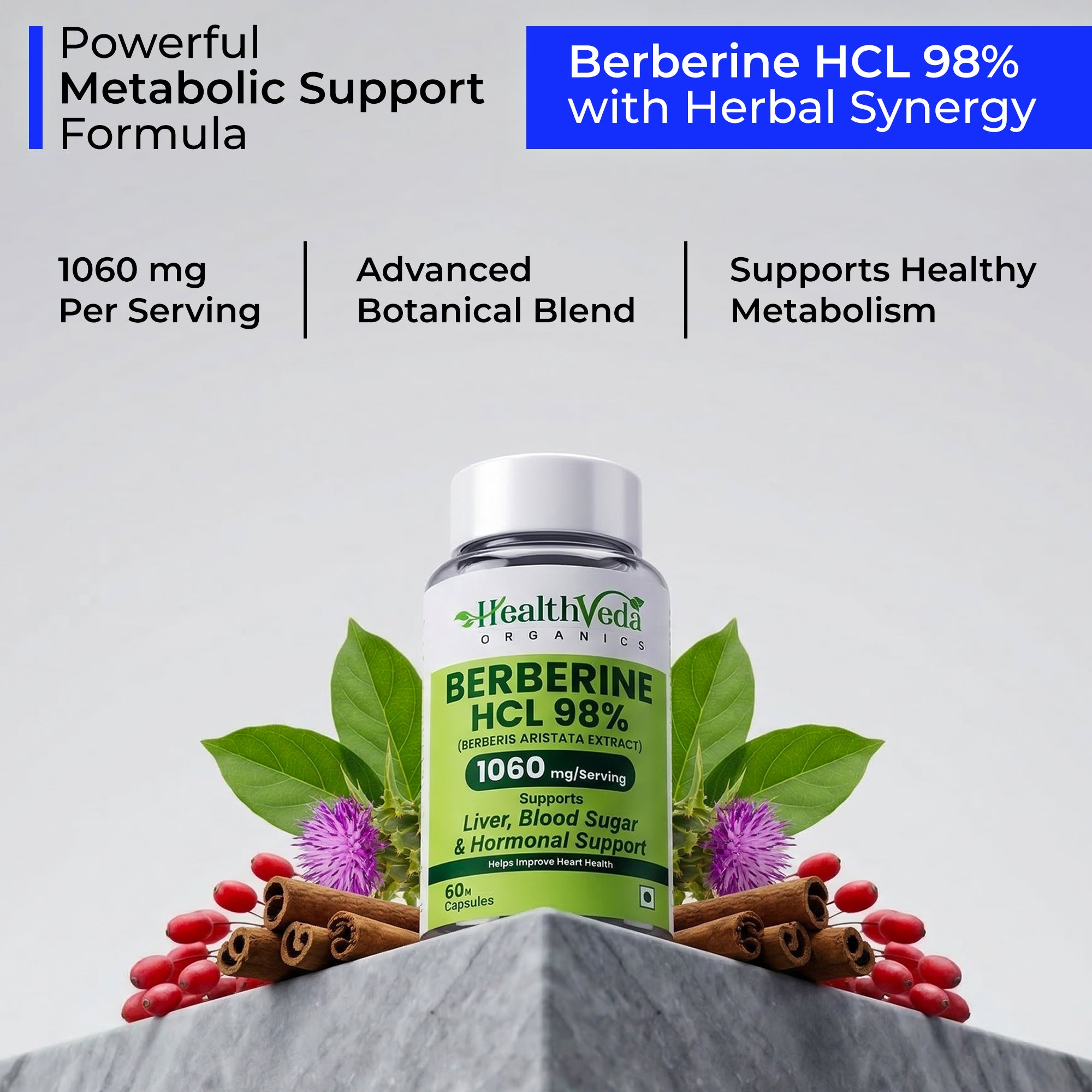 Health Veda Organics Berberine Supplements | Berberine HCL 98% 500mg (1060mg per Serving) | Blood Sugar Support, Metabolism Booster | With Gymnema (Gudmar), Cinnamon, R-ALA, Milk Thistle & Chromium | 60 Veg Capsules