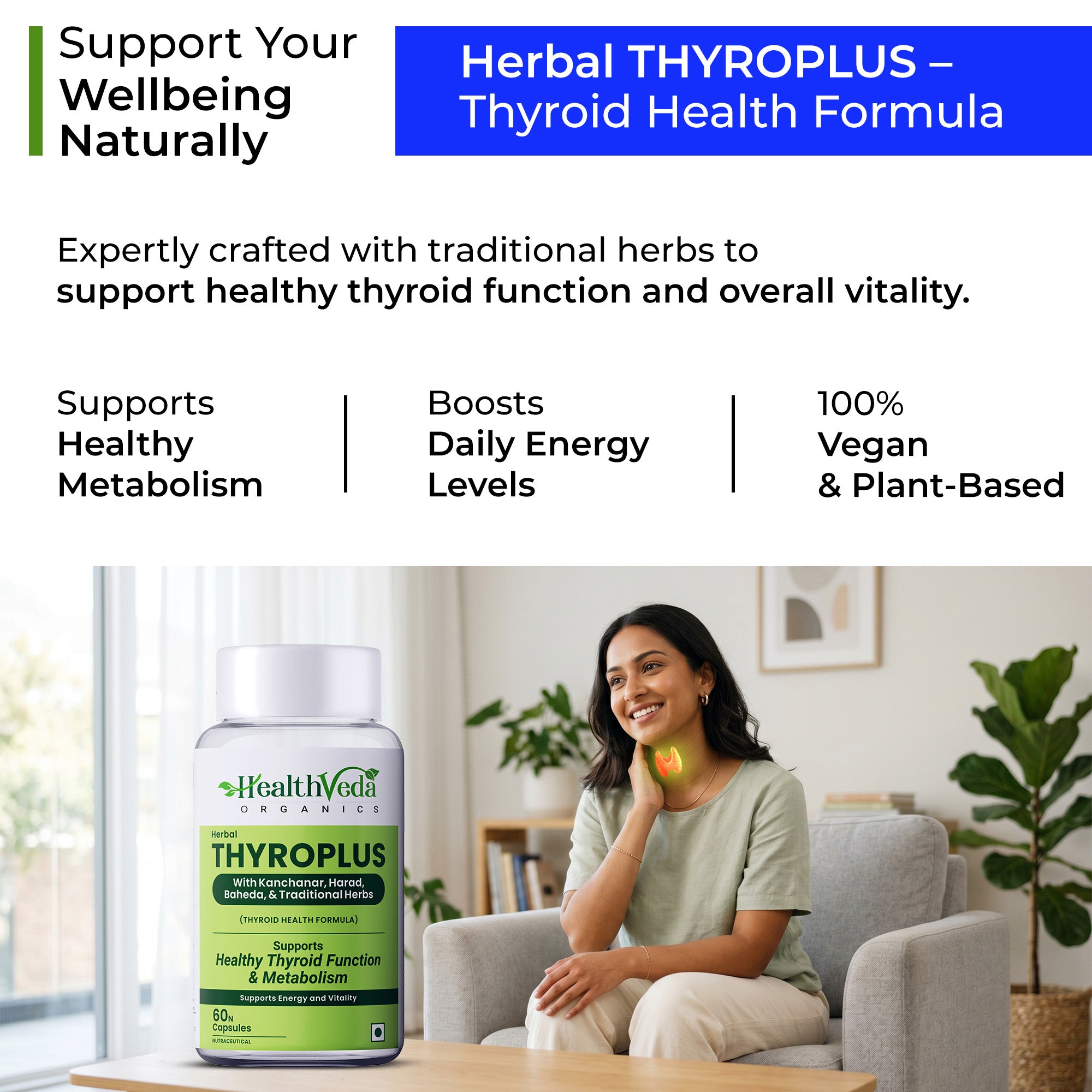 Health Veda Organics Thyroplus Supplements packed with Natural Ingredients for Thyroid Support - 60 Veg Capsules for Men & Women