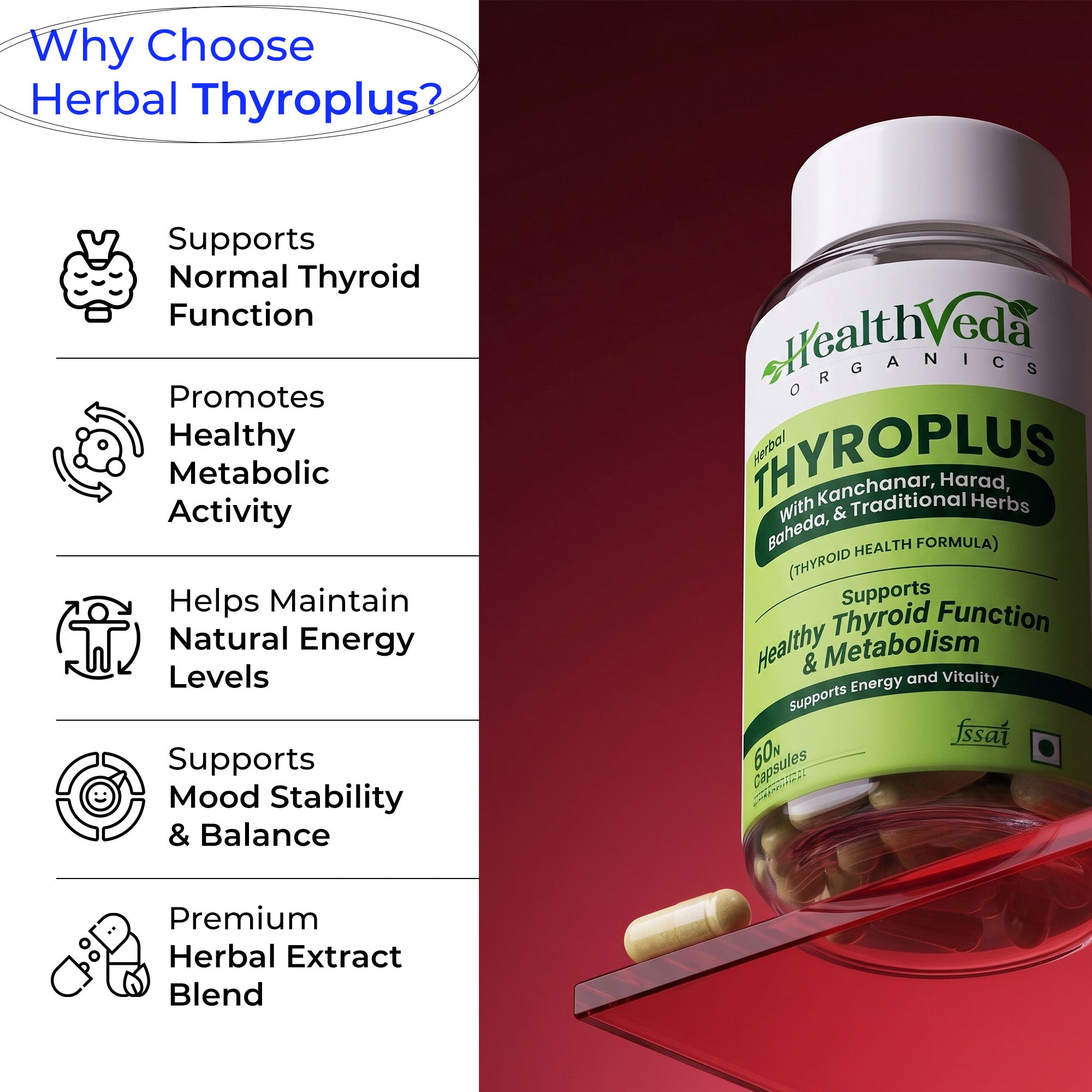 Health Veda Organics Thyroplus Supplements packed with Natural Ingredients for Thyroid Support - 60 Veg Capsules for Men & Women