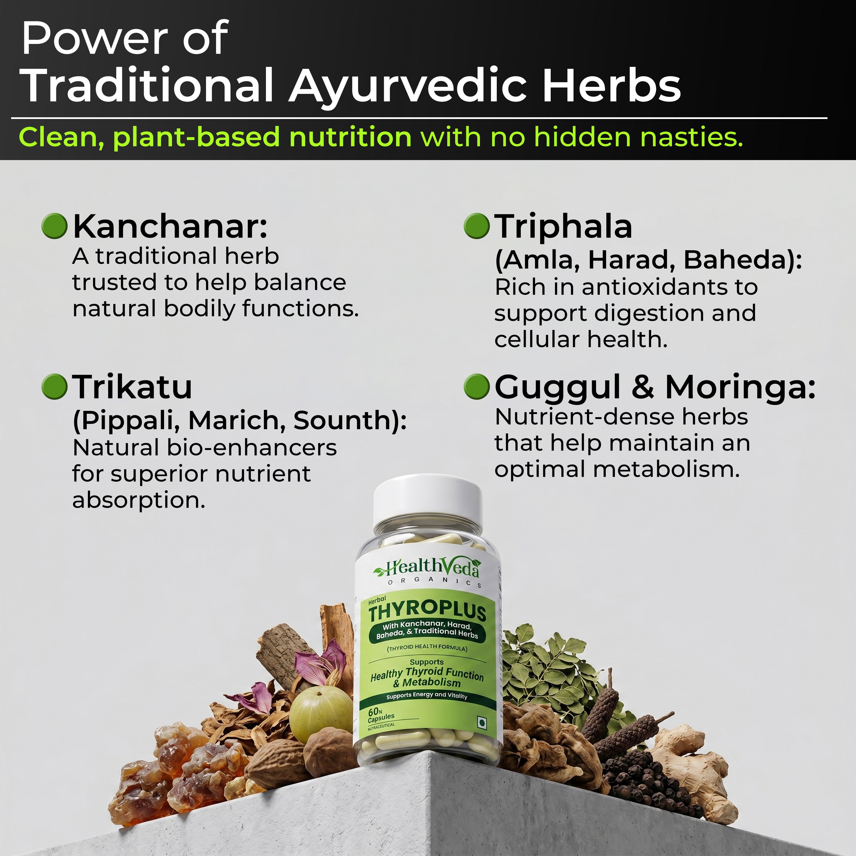 Health Veda Organics Thyroplus Supplements packed with Natural Ingredients for Thyroid Support - 60 Veg Capsules for Men & Women