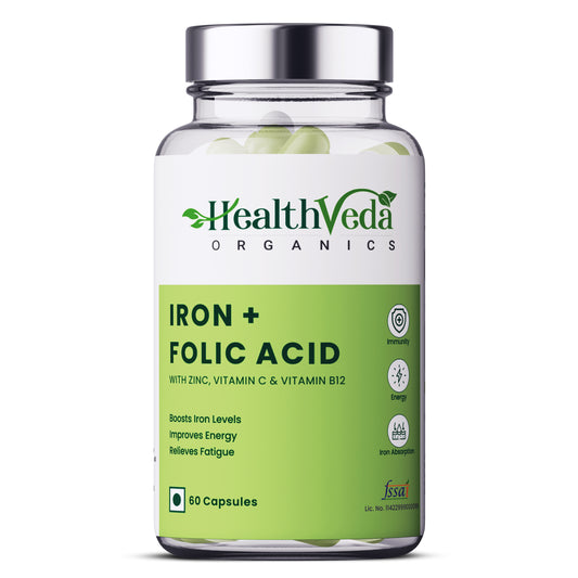 Health Veda Organics Iron + Folic Acid Supplement with Zinc, Vitamin C & Vitamin B12 | 60 Veg Capsules
