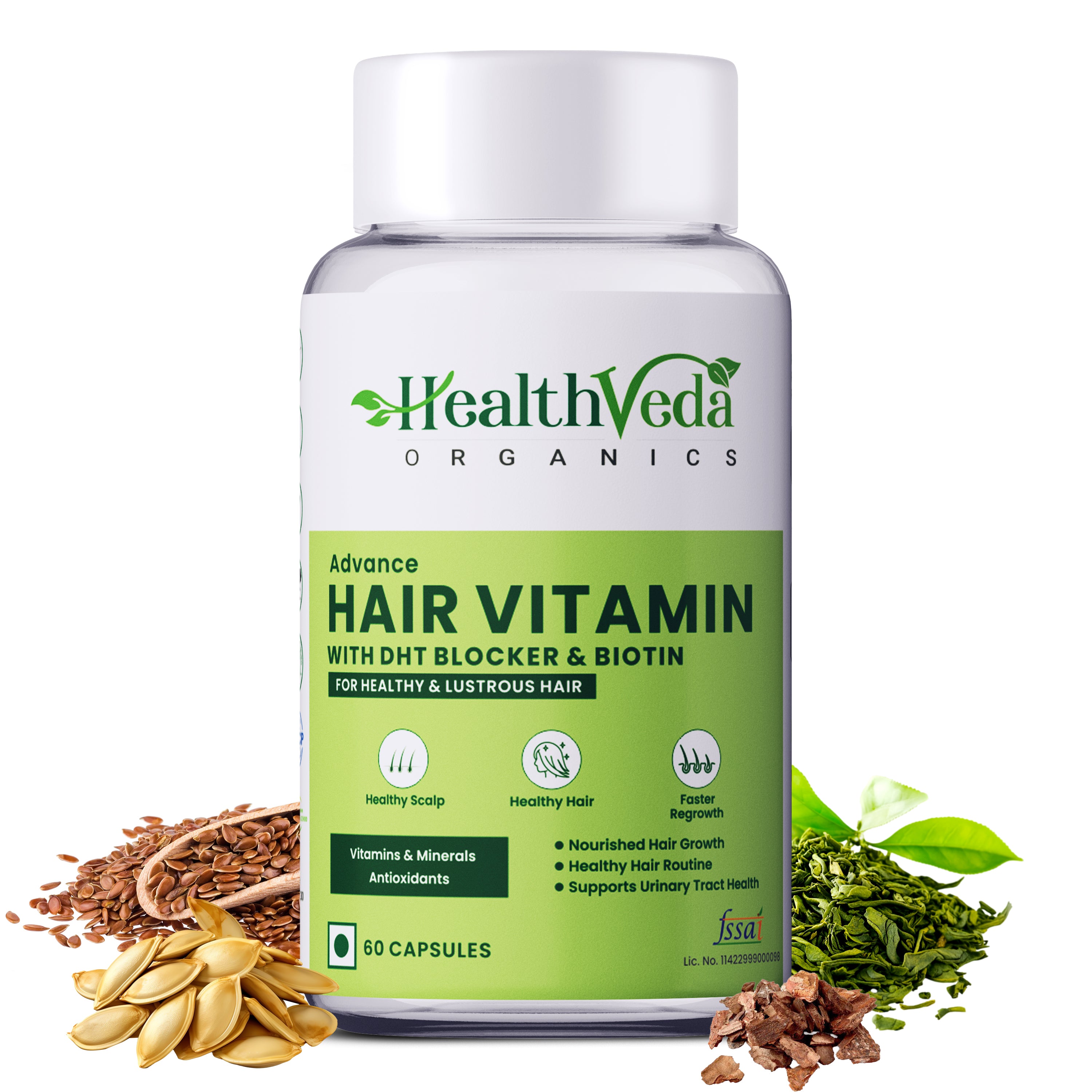 Health Veda Organics Advance Hair Vitamin with DHT Blocker & Biotin | Clinically proven Hair Vitamins For Men & Women - 60 Veg Capsules