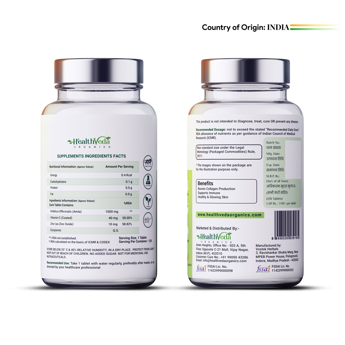 Health Veda Organics Natural Vitamin C & Zinc 1000 mg I 120 Veg Tablets I Boosts Immunity, Antioxidant & Skin Care | For both Men & Women