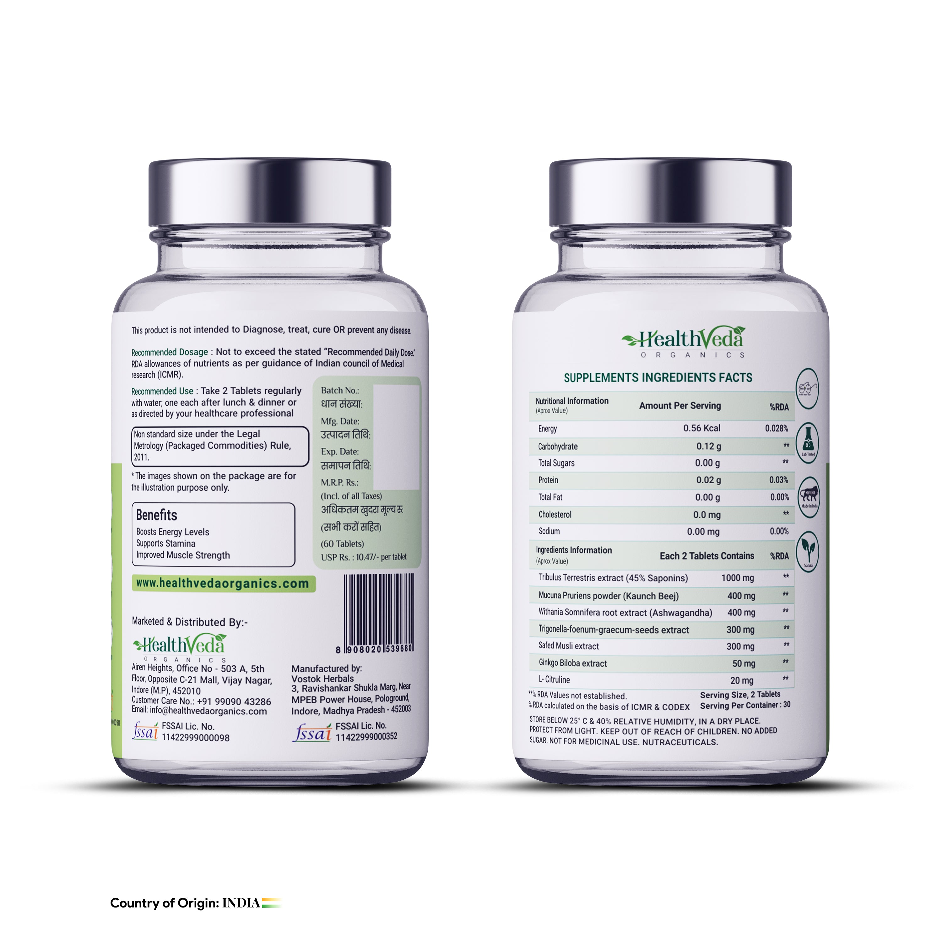 Health Veda Organics Plant Based Testo+ with Tribulus, Ashwagandha & Kaunch Beej | Improves Muscle Strength & Energy | 60 Veg Tablets for Men