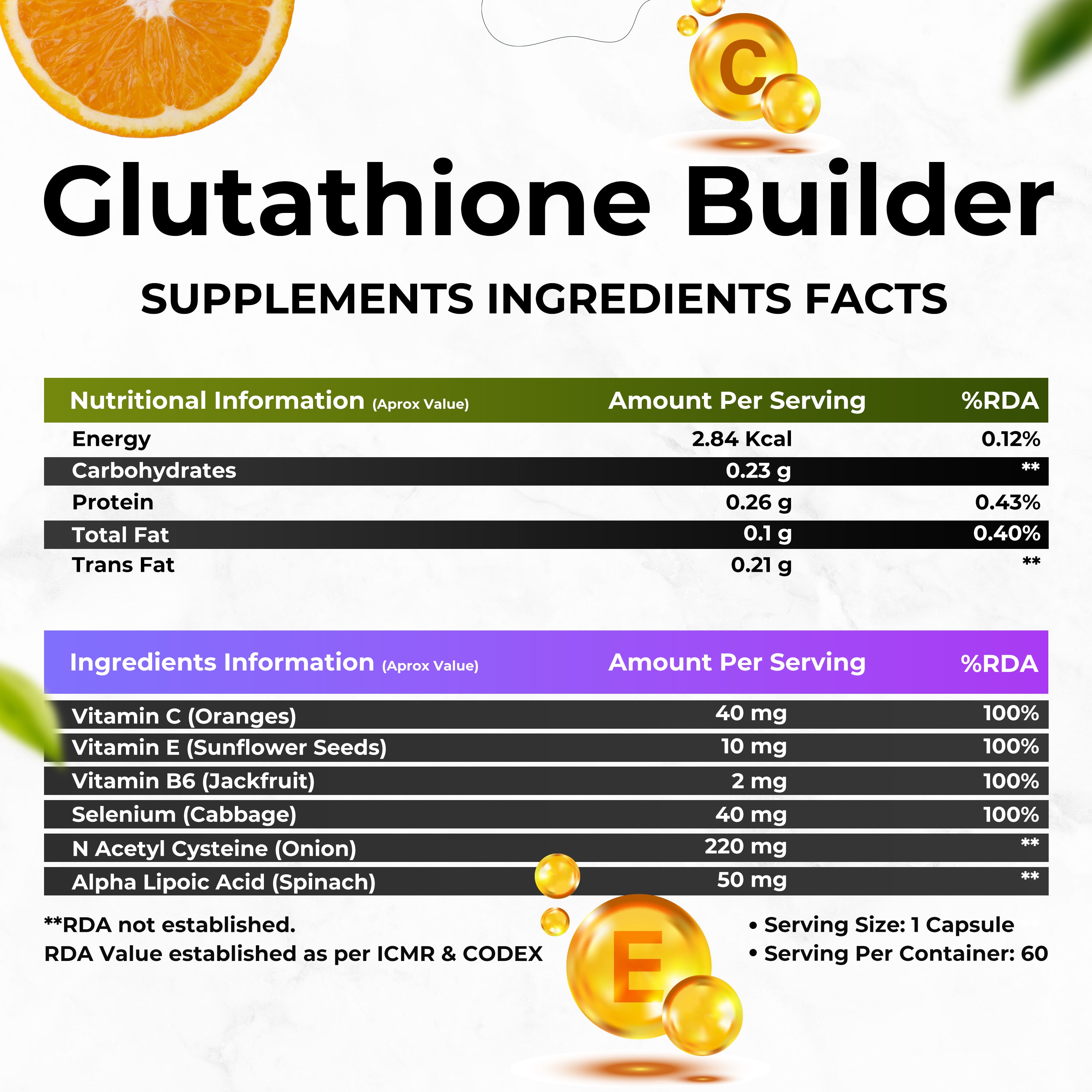 Health Veda Organics L-Glutathione 1000mg Capsules with Grape Seed Extract, Vitamin C, Vitamin E, Alpha Lipoic Acid, Hyaluronic Acid, and Biotin for Skin Glow & Antioxidant Support - 60 Veg Capsules