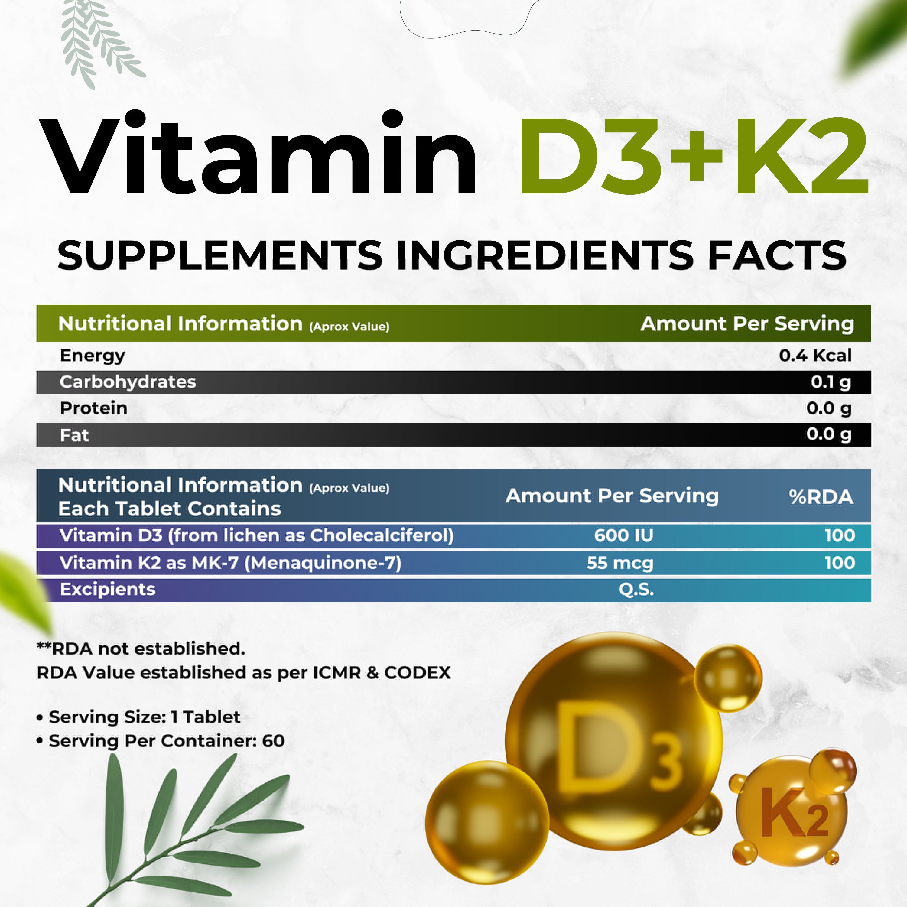 Vitamin D3+K2 as MK7 Supplement | Support Healthy BonesBOOSTS Immune System & Joint Care | 60 Veg Tablets for both Men & Women