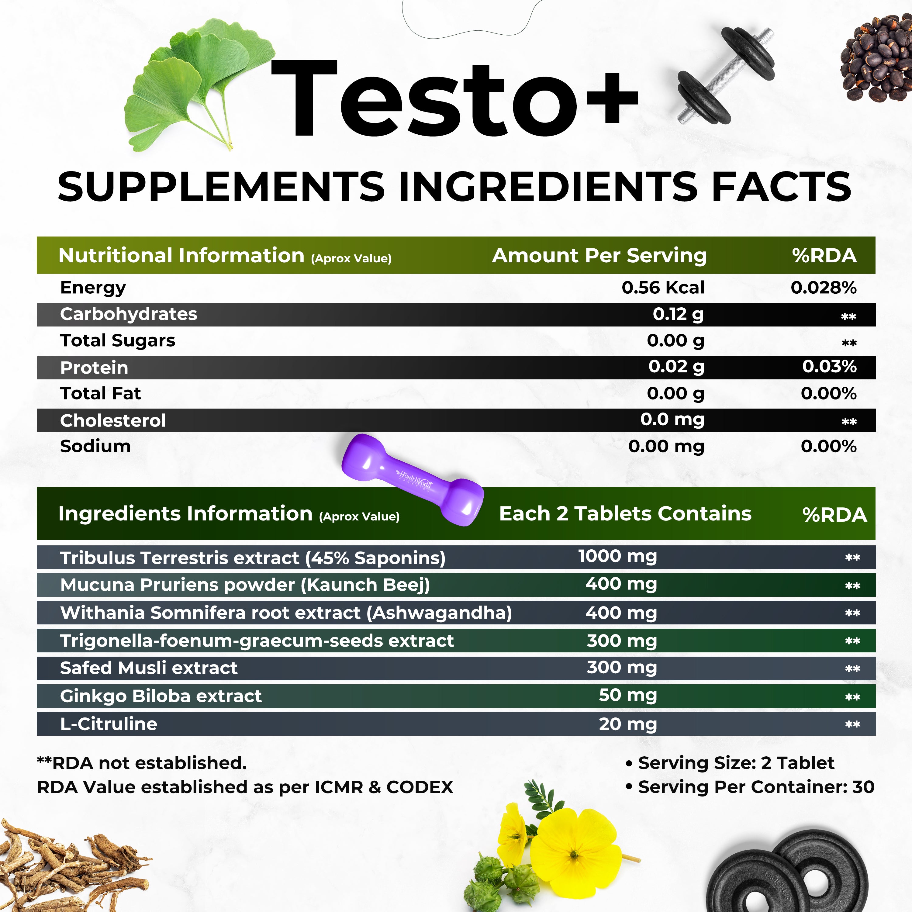 Health Veda Organics Plant Based Testo+ with Tribulus, Ashwagandha & Kaunch Beej | Improves Muscle Strength & Energy | 60 Veg Tablets for Men