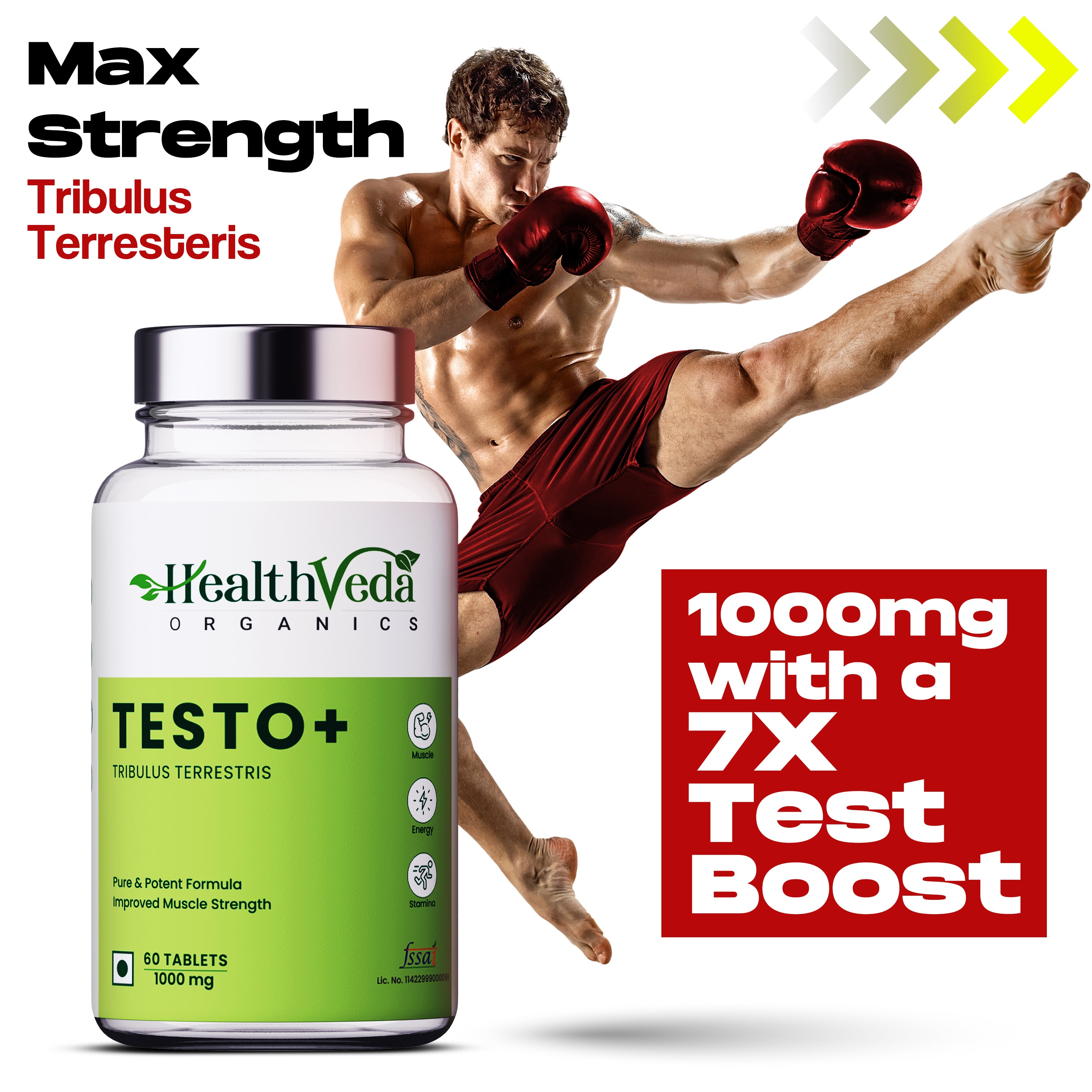 Health Veda Organics Plant Based Testo+ with Tribulus, Ashwagandha & Kaunch Beej | Improves Muscle Strength & Energy | 60 Veg Tablets for Men