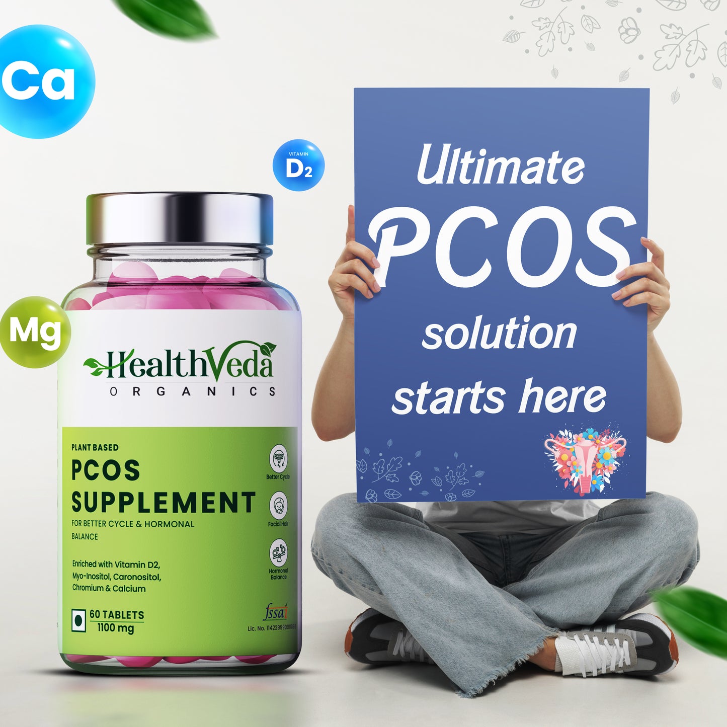 Health Veda Organics PCOS Supplement 1100 mg | Regularize Menstrual Cycle, Balance Hormonal Levels, Reduces Acne | 60 Veg Tablets for Women