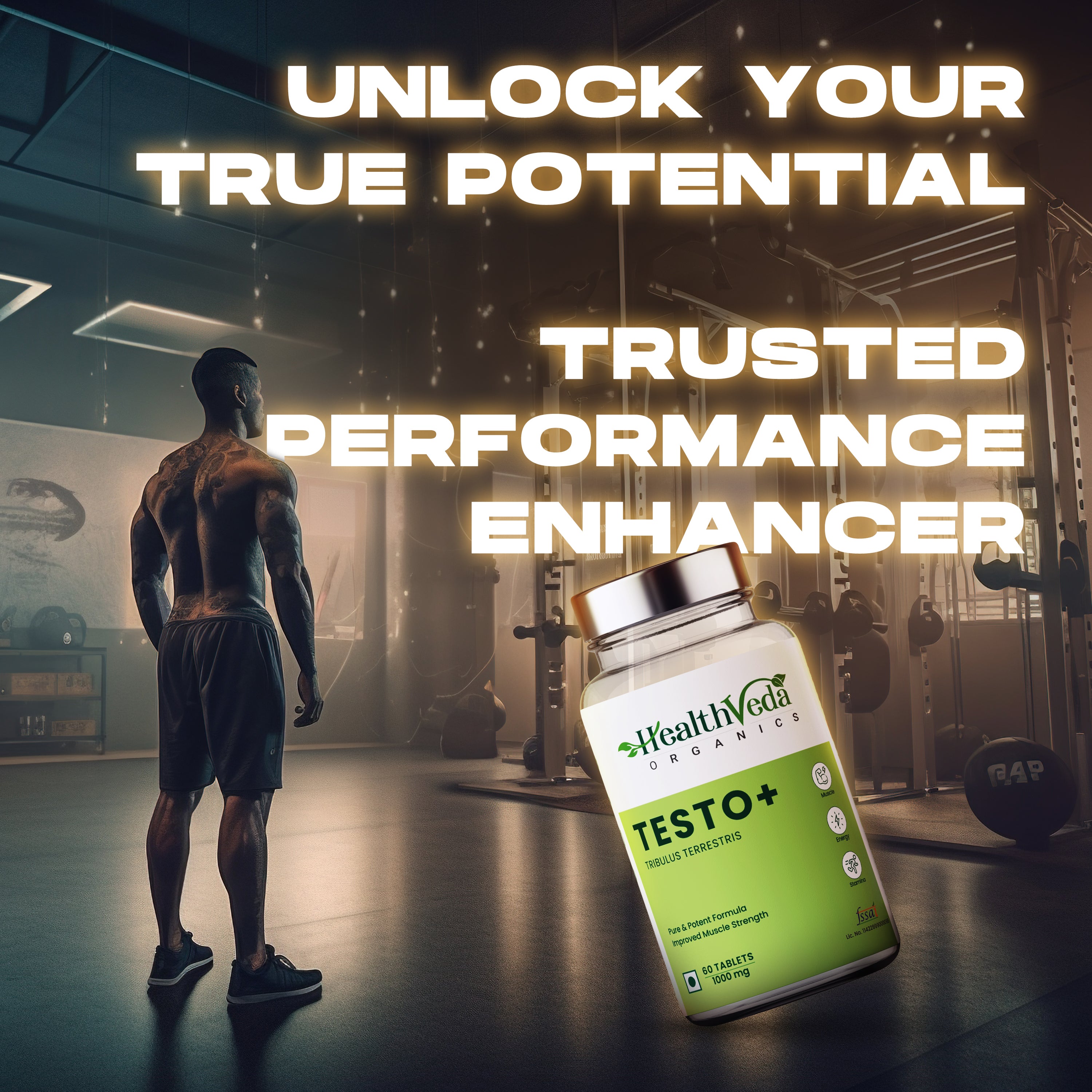 Health Veda Organics Plant Based Testo+ with Tribulus, Ashwagandha & Kaunch Beej | Improves Muscle Strength & Energy | 60 Veg Tablets for Men