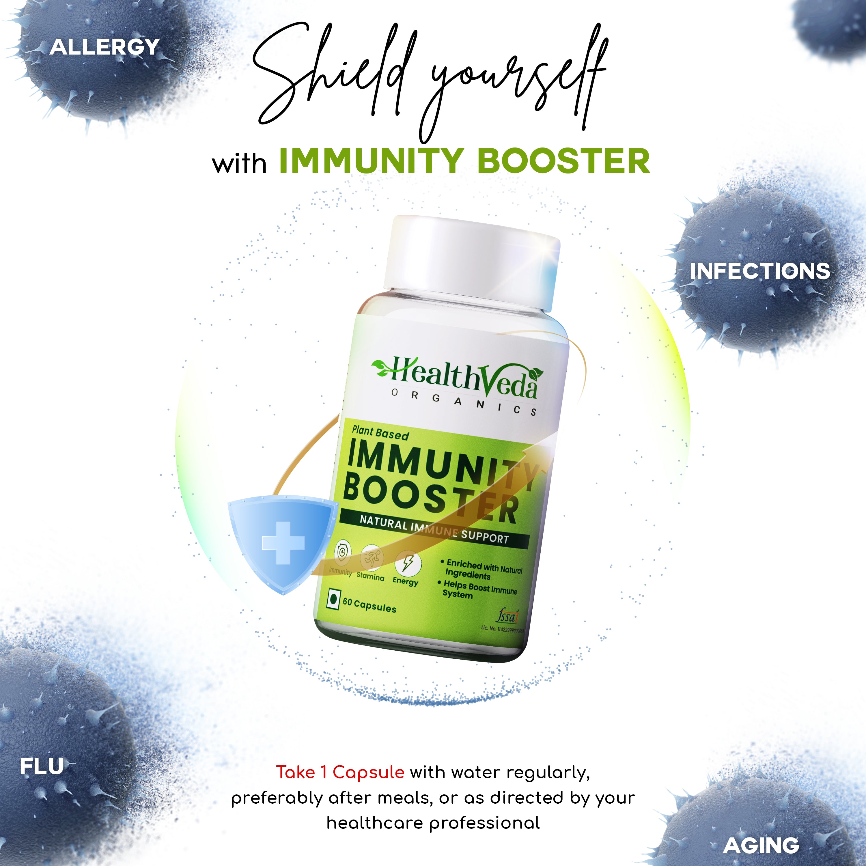 Health Veda Organics Natural Immunity Booster Capsules with Green Amla Powder, Giloy Powder, Mint leaves Powder - 60 Veg Capsules