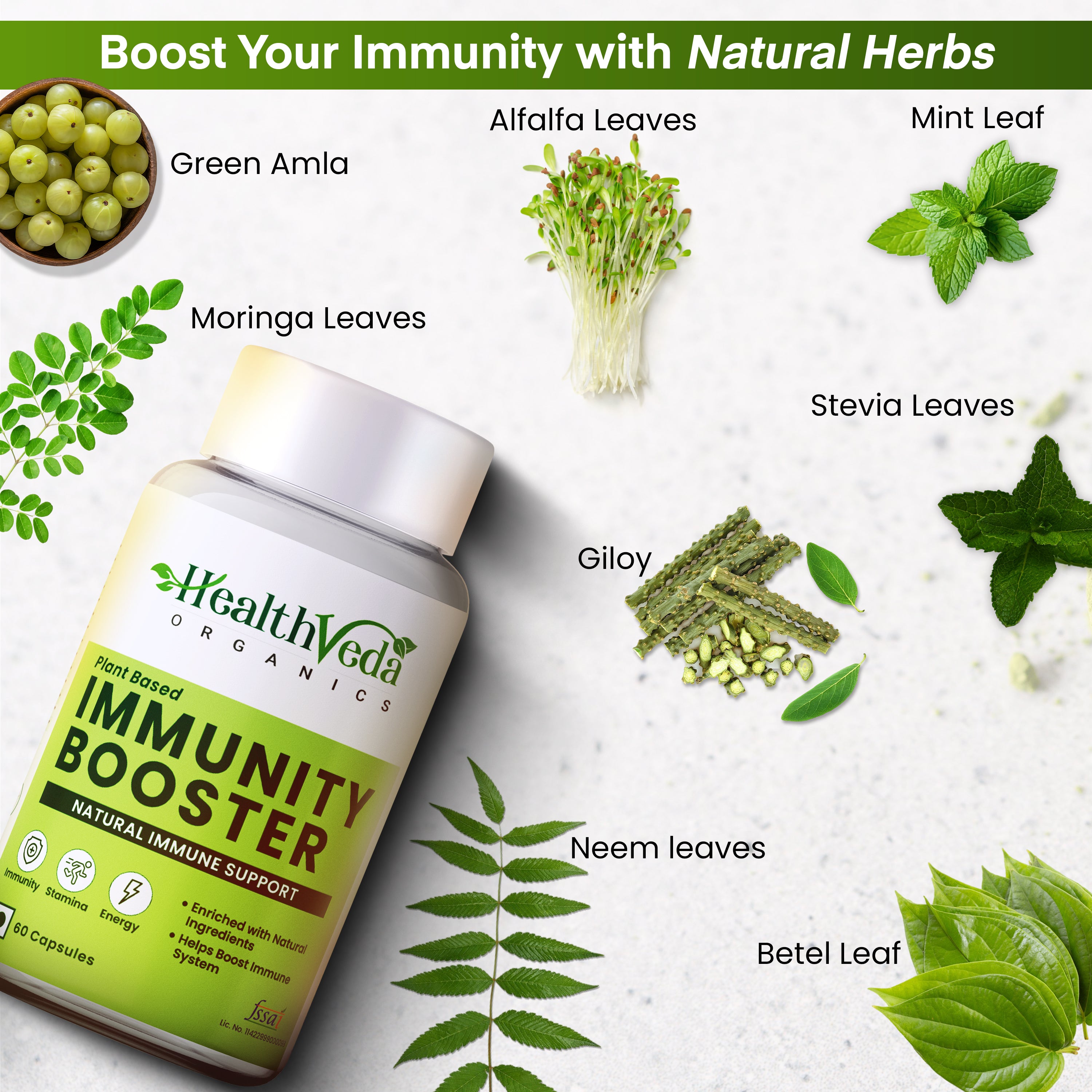 Health Veda Organics Natural Immunity Booster Capsules with Green Amla Powder, Giloy Powder, Mint leaves Powder - 60 Veg Capsules