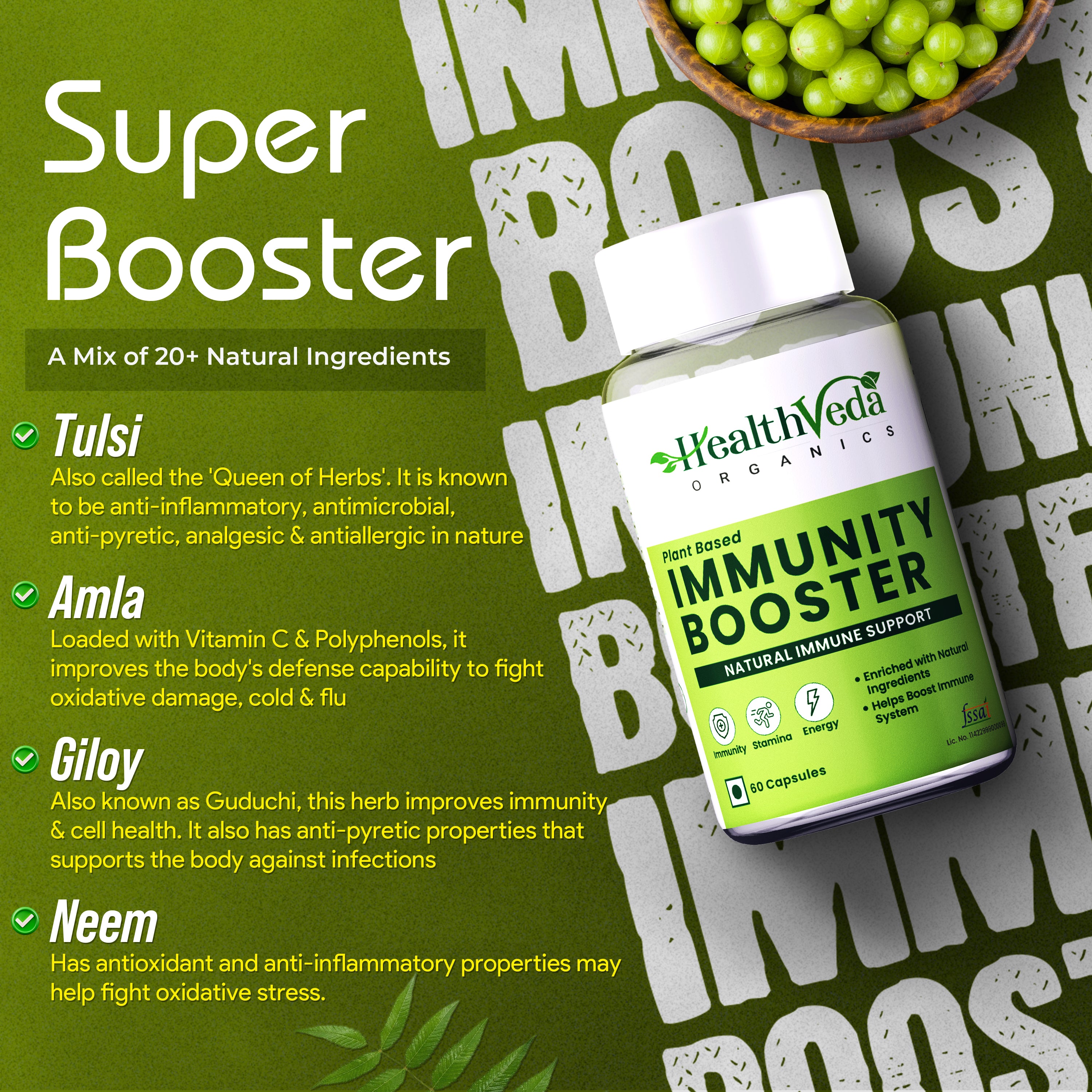 Health Veda Organics Natural Immunity Booster Capsules with Green Amla Powder, Giloy Powder, Mint leaves Powder - 60 Veg Capsules