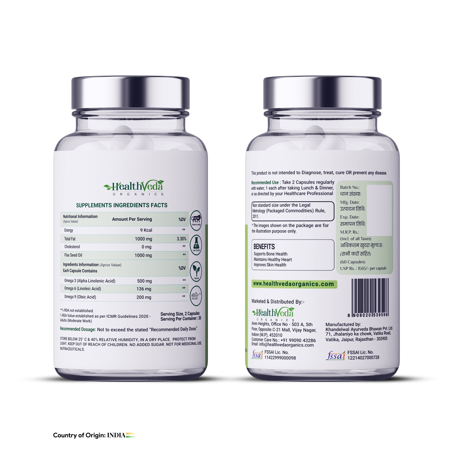 HealthVeda Organics Vegan Omega 3-6-9 Flaxseed Oil(1000mg) for Healthy Bones, Hair&Skin|60 Veg Soft Gel Capsules for Both Women & Men
