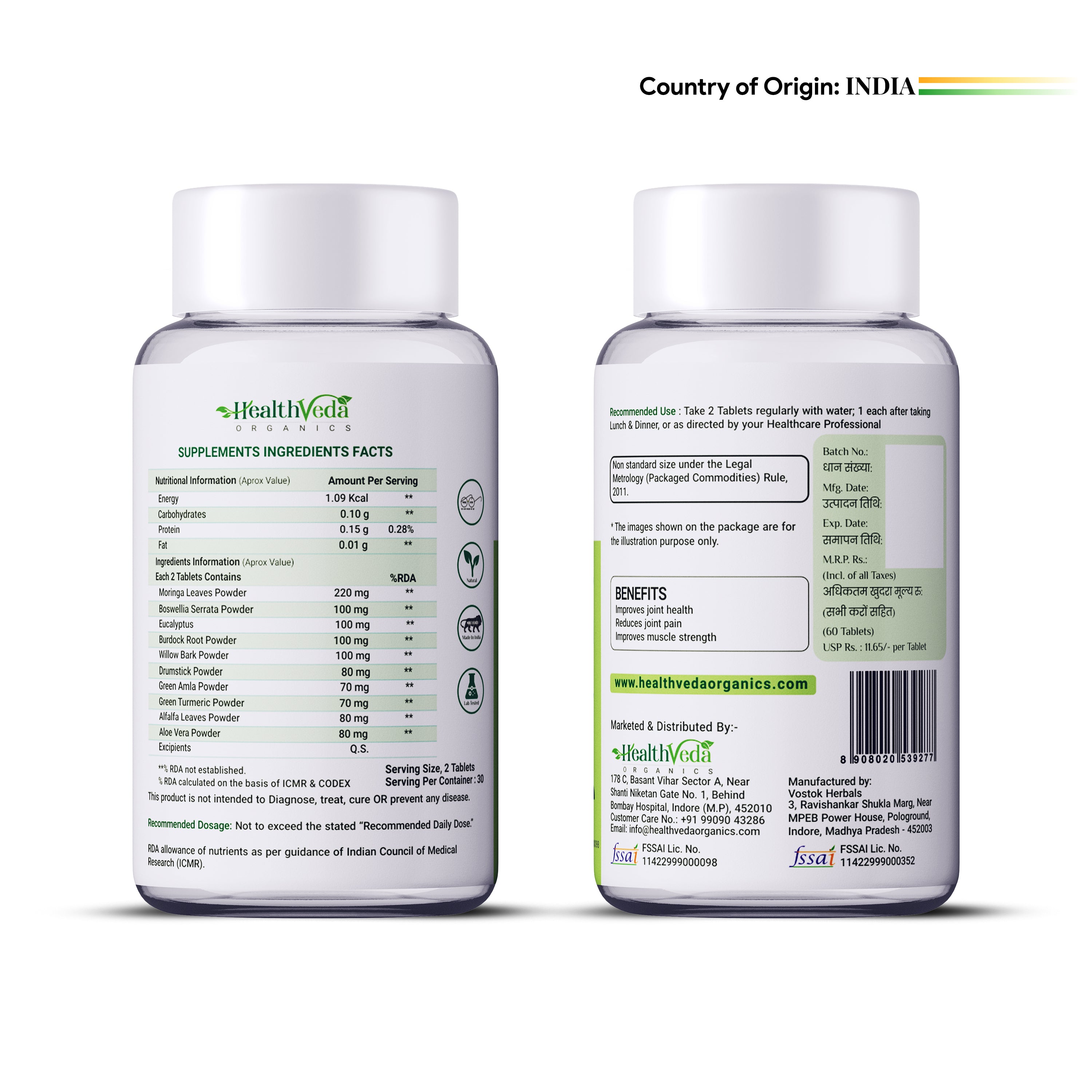 Health Veda Organics Plant Based Joint Support 1000 mg for Healthy Joints & Strong Bones - 60 Veg Tablets