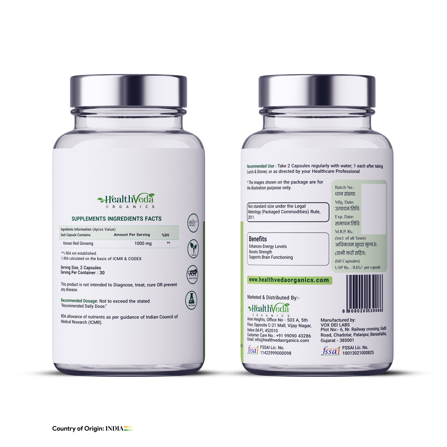 Health Veda Organics Korean Red Ginseng Capsules 1000 mg | Supports Brain Function, Boosts Immunity, Vitality, Energy & Focus- 60 Vegetarian Capsules