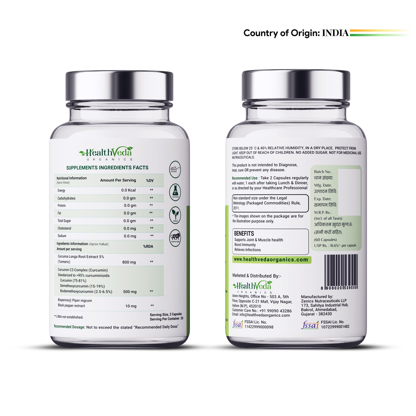 Health Veda Organics Curcumin C3 + Bioperine Supplements, 1310 Mg | 60 Veg Capsules | Supports Joint & Muscle Health