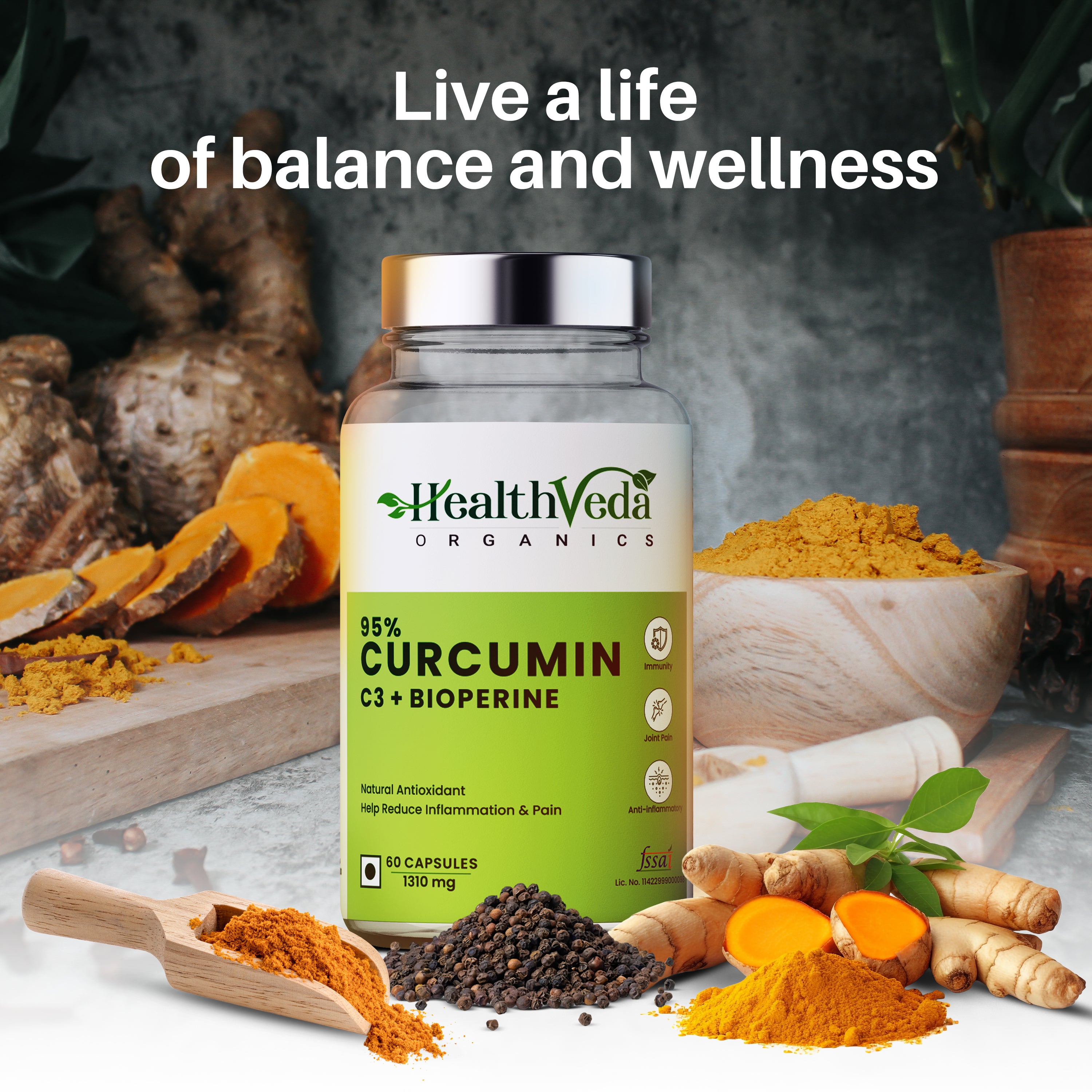 Health Veda Organics Curcumin C3 + Bioperine Supplements, 1310 Mg | 60 Veg Capsules | Supports Joint & Muscle Health