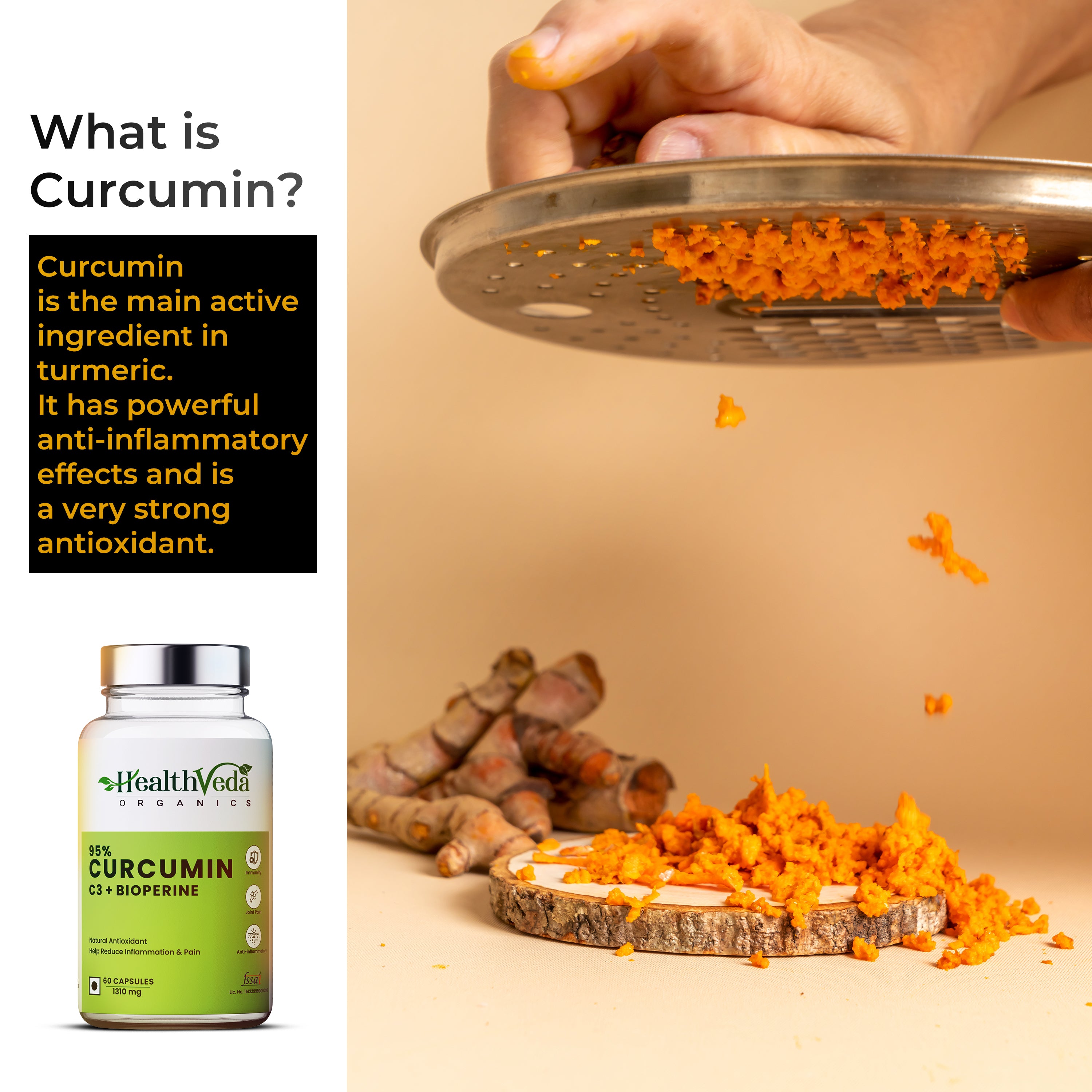 Health Veda Organics Curcumin C3 + Bioperine Supplements, 1310 Mg | 60 Veg Capsules | Supports Joint & Muscle Health