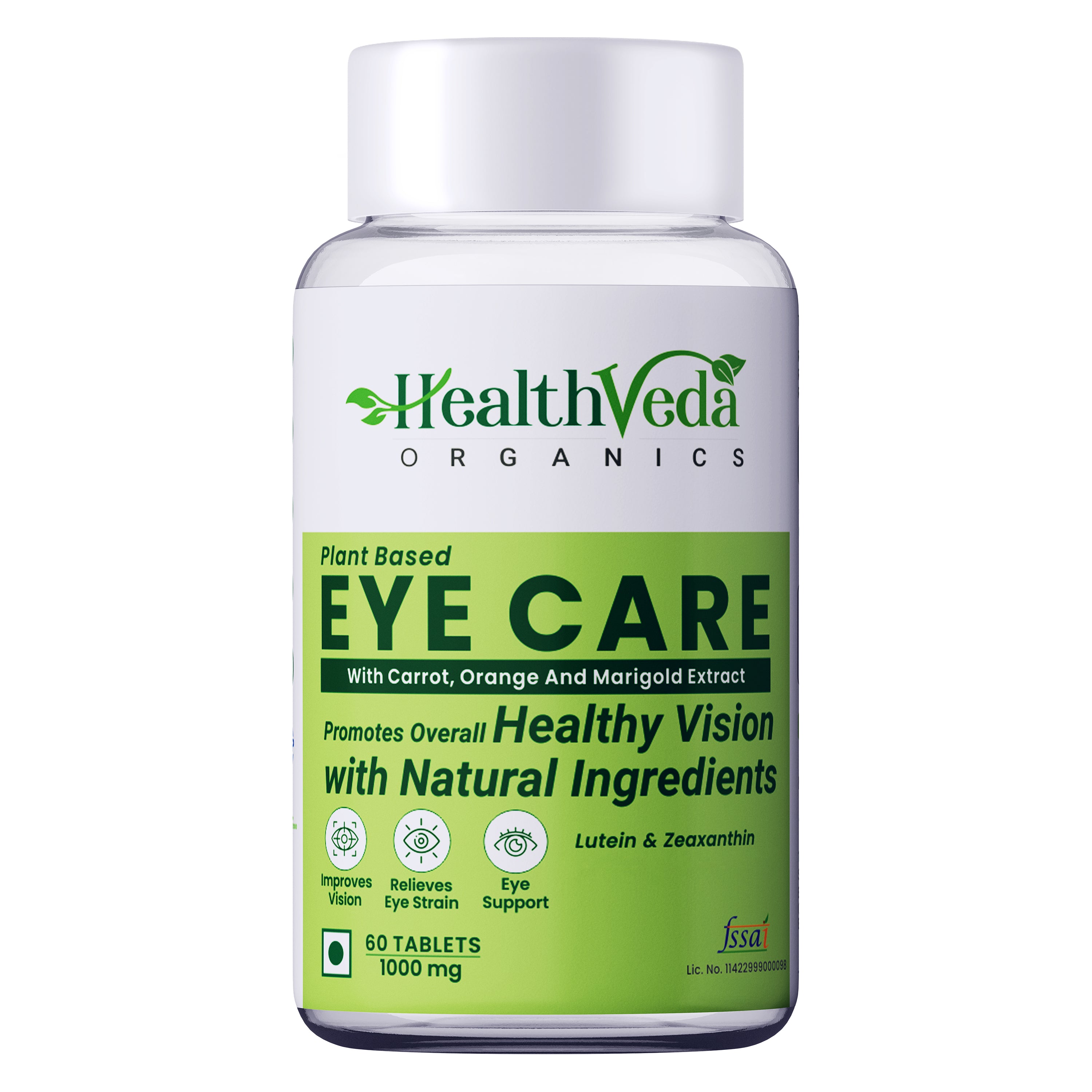 Health Veda Organics Plant-Based Eye Care | Lutein & Zeaxanthin with Carrot & Orange Extract | Supports Vision & Enhances Retina - 60 Veg Tablets