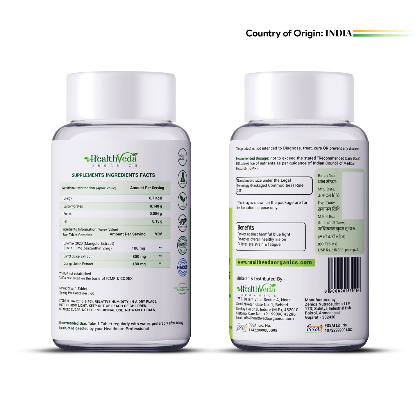Health Veda Organics Eye Care 1000 mg Tablets Supports Vision & Enhances Retina - 60 Veg Tablets