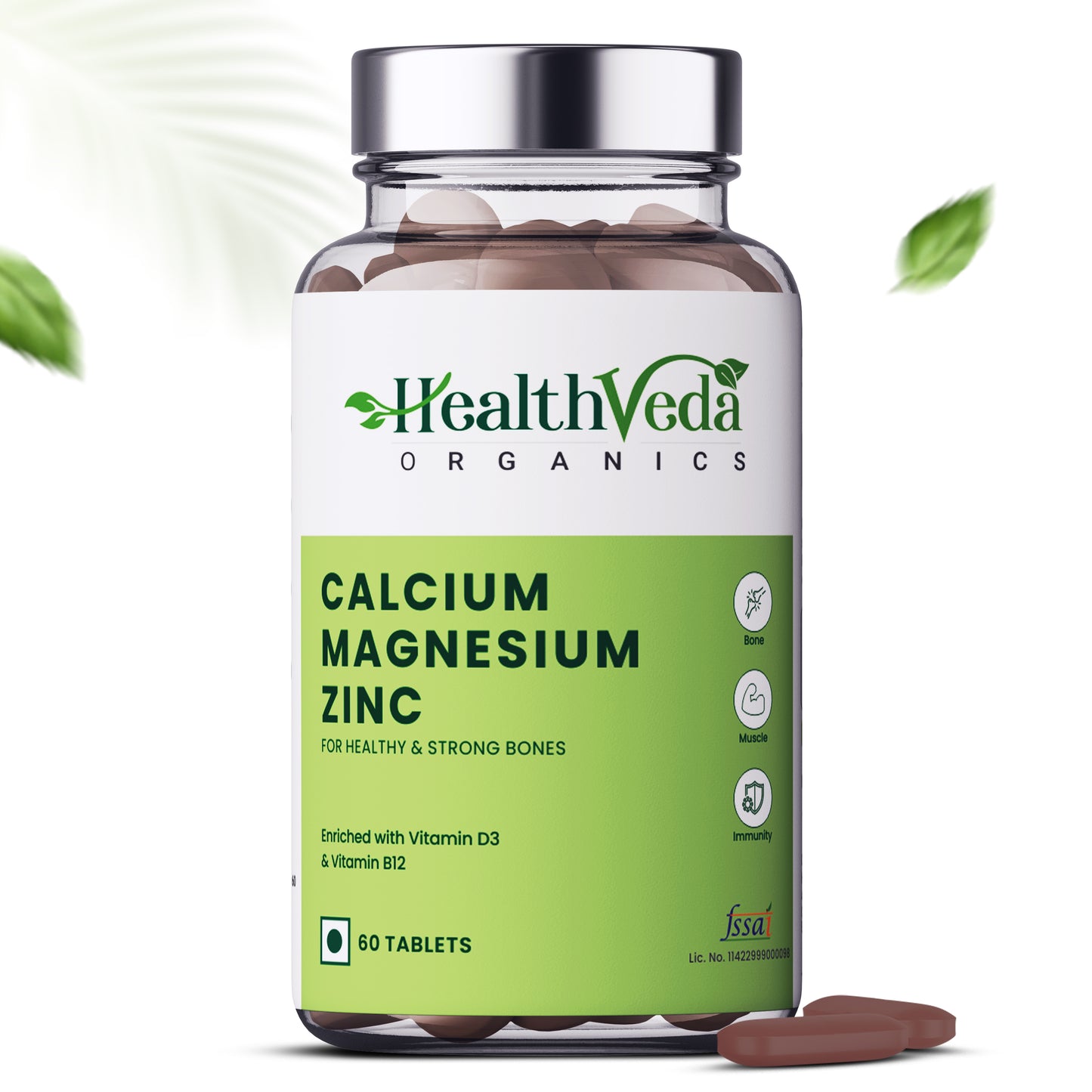 Health Veda Organics Calcium Magnesium Zinc Tablets 1000mg For Healthy Bone - 60 Veg Tablet