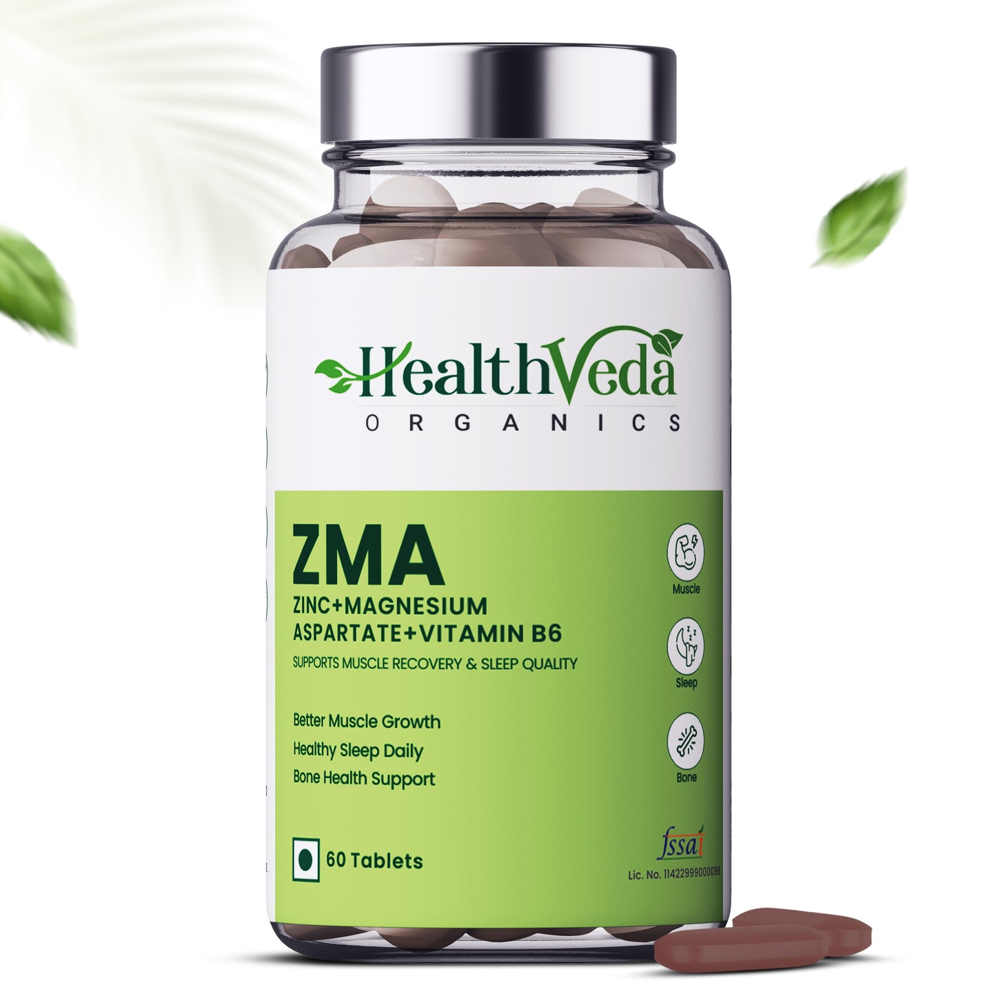 Health Veda Organics ZMA (Zinc, Magnesium Aspartate & Vitamin B6) | Nighttime Muscle Recovery Supplements for Muscle Strength | For Both Men & Women | 60 Veg Tablets