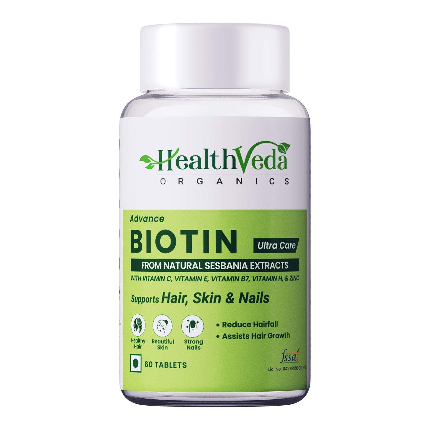 Health Veda Organics Biotin 30mcg Supplement for Strong Hair & Glowing Skin, 60 Veg Tablets