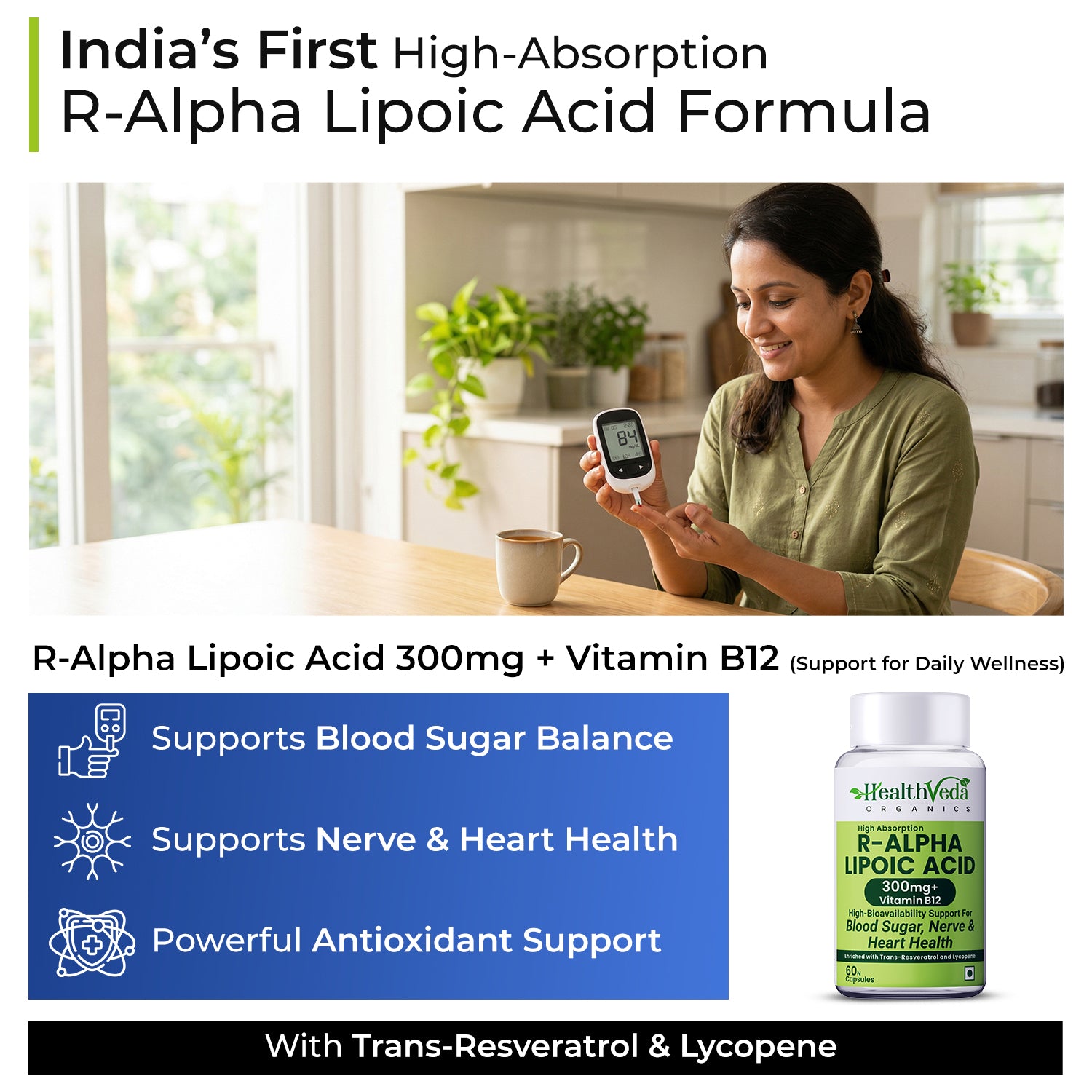 Health Veda Organics R-Alpha Lipoic Acid 300 mg with Vitamin B12, Trans-Resveratrol & Lycopene | High Absorption ALA for Blood Sugar, Nerve & Heart Health Support | 60 Veg Capsules