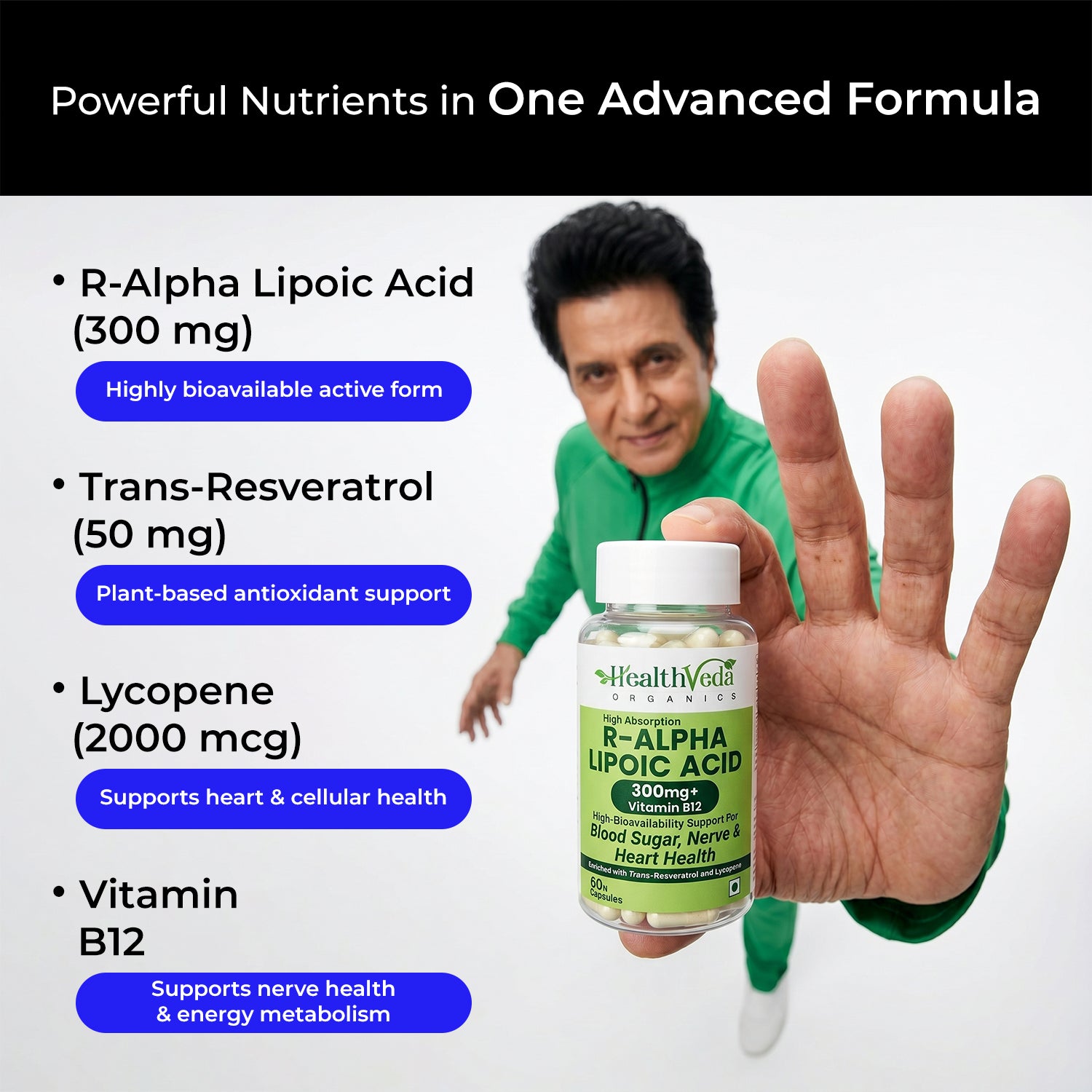 Health Veda Organics R-Alpha Lipoic Acid 300 mg with Vitamin B12, Trans-Resveratrol & Lycopene | High Absorption ALA for Blood Sugar, Nerve & Heart Health Support | 60 Veg Capsules